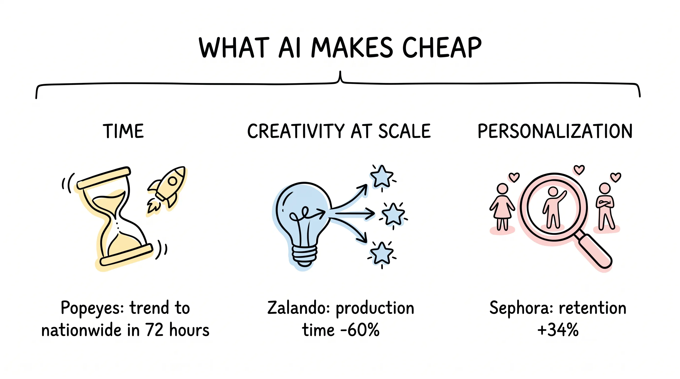 Doodle framework of the three things AI makes cheap: time (Popeyes 72 hours), creativity at scale (Zalando -60% production time), and real-time personalization (Sephora +34% retention)