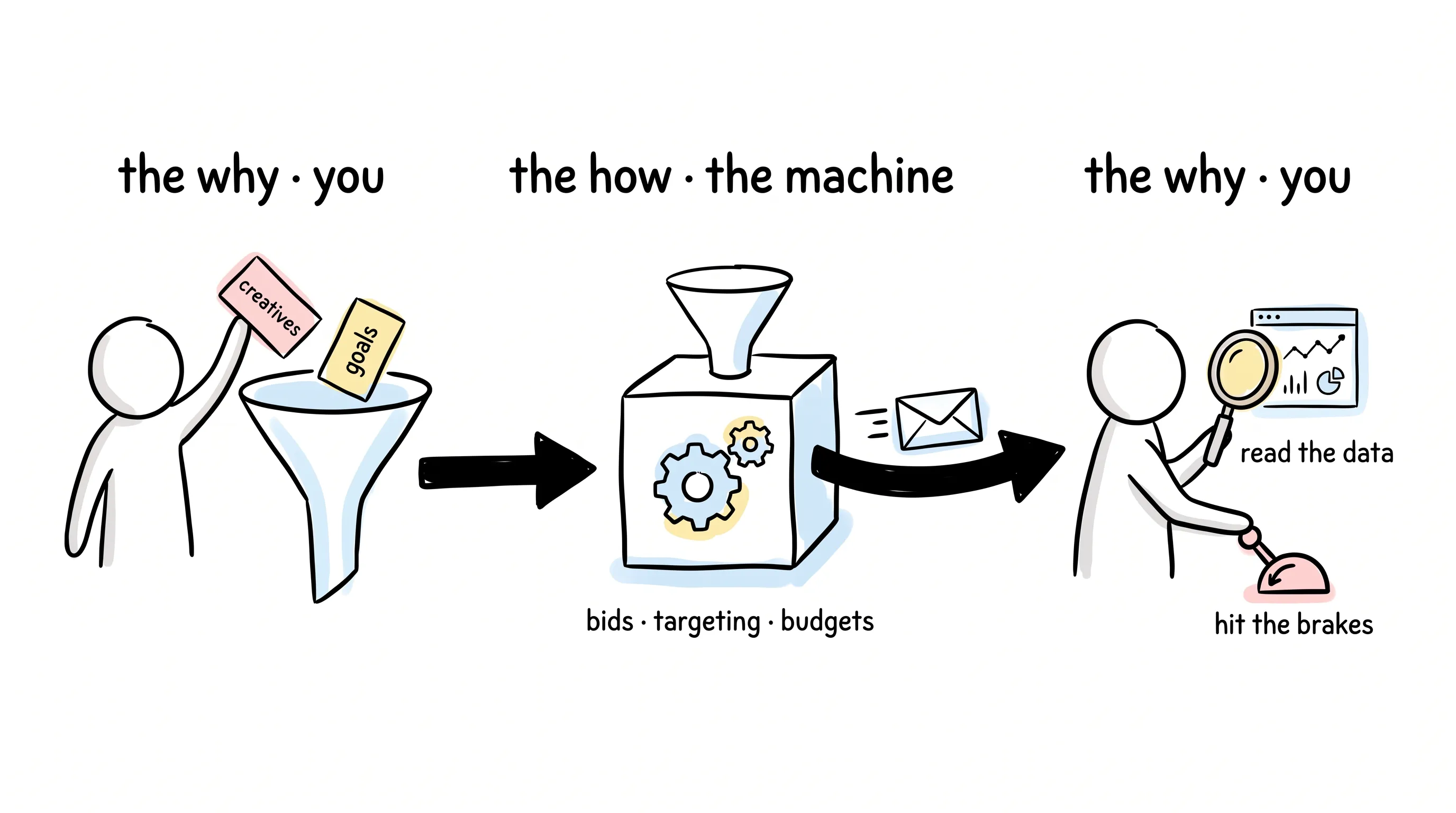 You feed creatives and goals into the machine, which runs bids, targeting, and budgets — then you read the data and hit the brakes