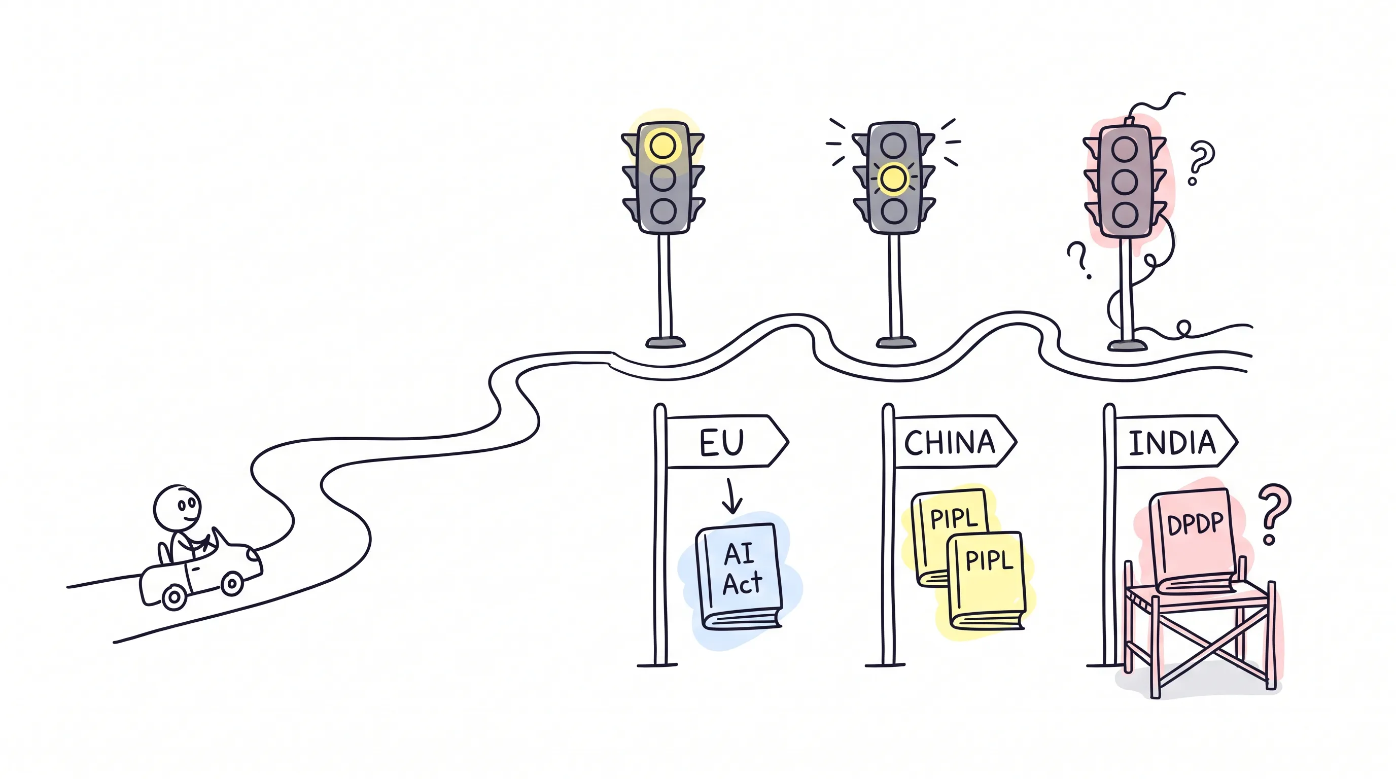 A stick-figure driver on a winding road approaching three traffic lights, each paired with a jurisdiction signpost: EU with the AI Act booklet, China with a stacked set of PIPL booklets, and India with a DPDP booklet still on scaffolding.