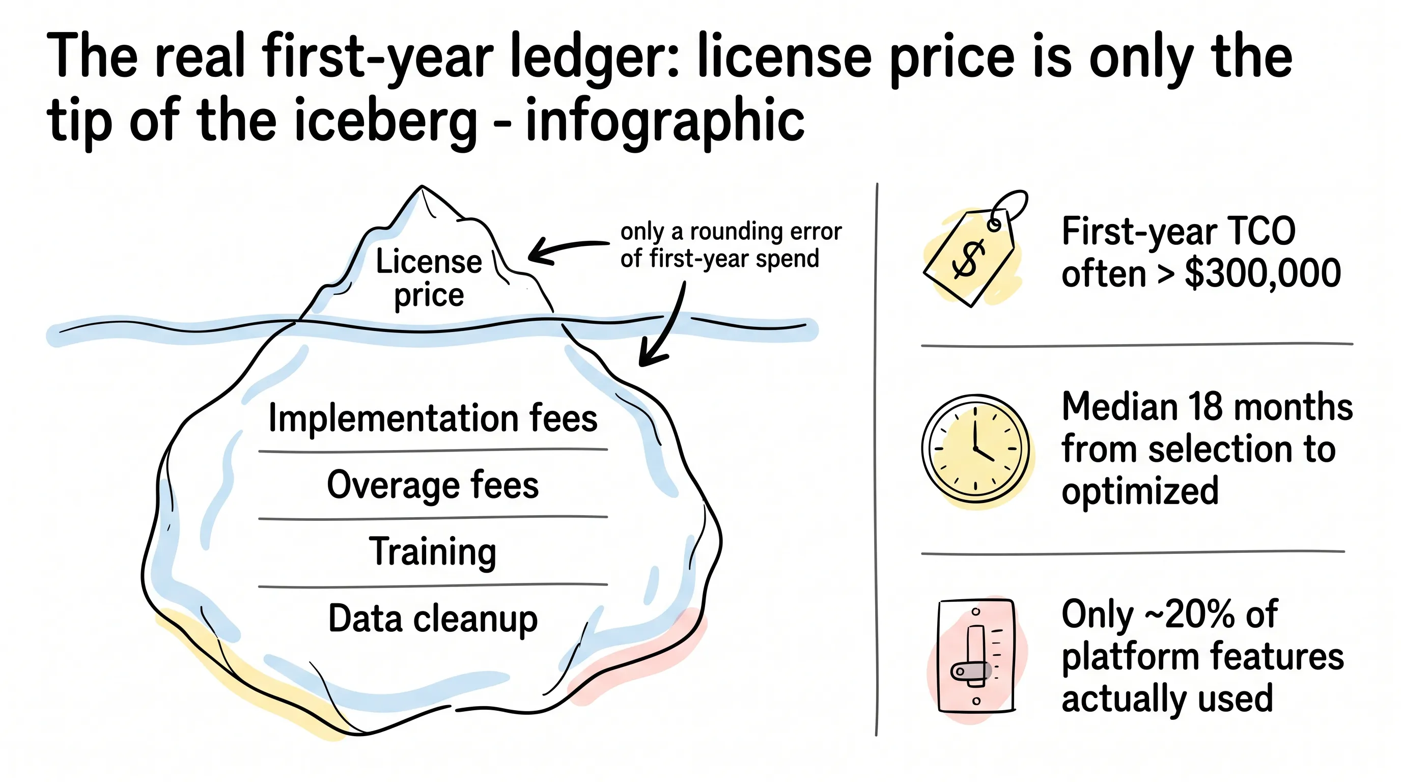 Illustration: the real first-year ledger — license price is only the tip of the TCO iceberg