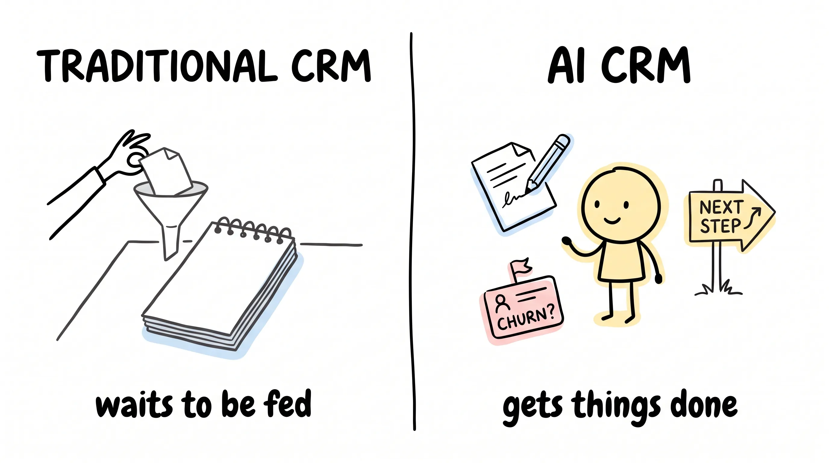Traditional CRM vs AI CRM: a notepad waits to be fed, while an AI assistant drafts replies, flags churn risk, and points to the next step