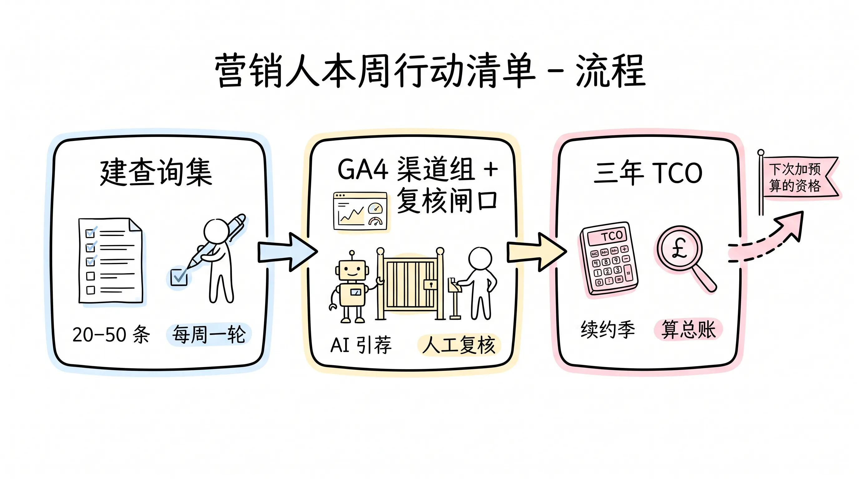 营销人本周行动清单流程手绘:建查询集、GA4 渠道组加复核闸口、三年 TCO 算总账