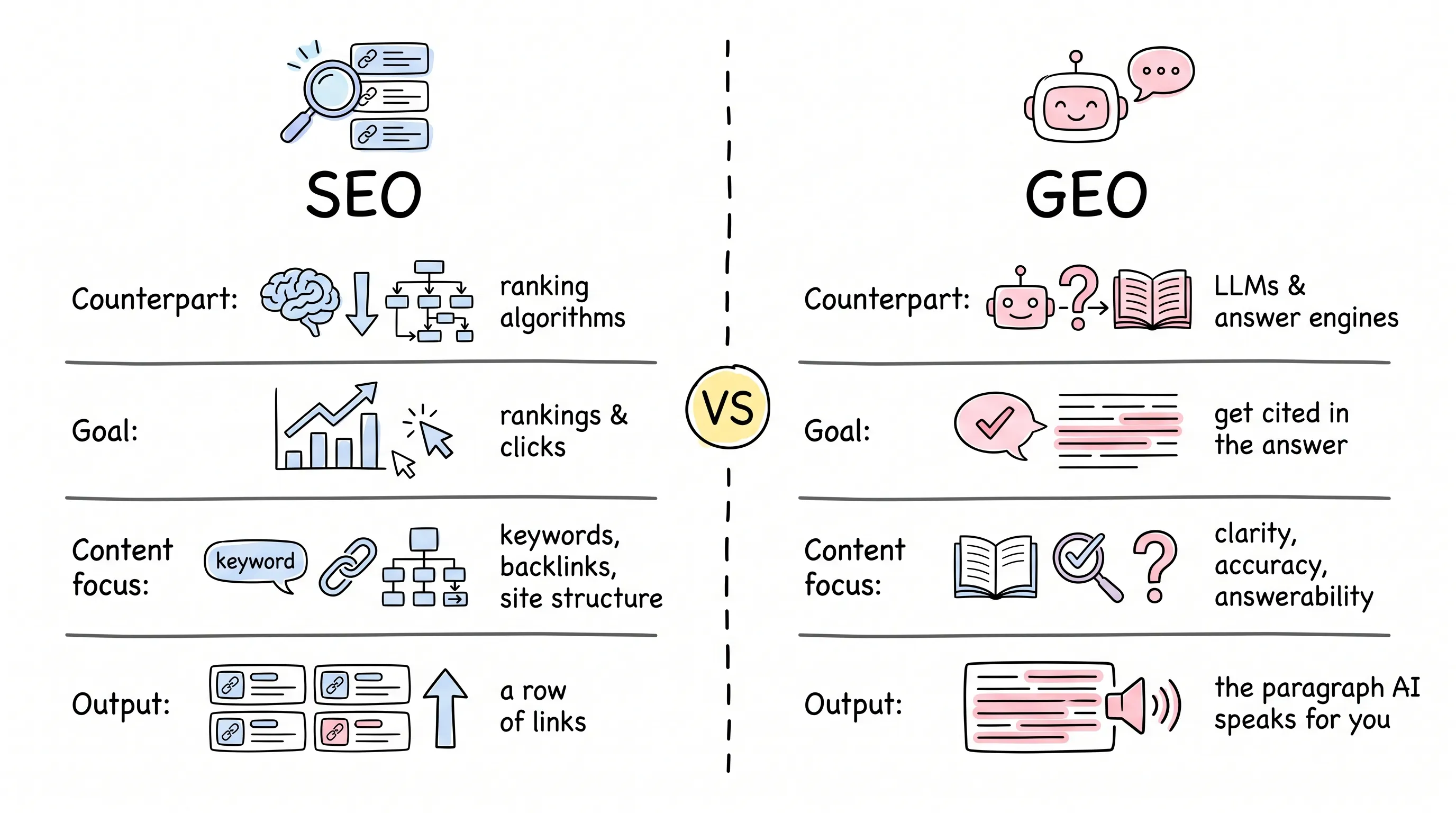 SEO vs GEO: four differences — counterpart, goal, content focus, and output