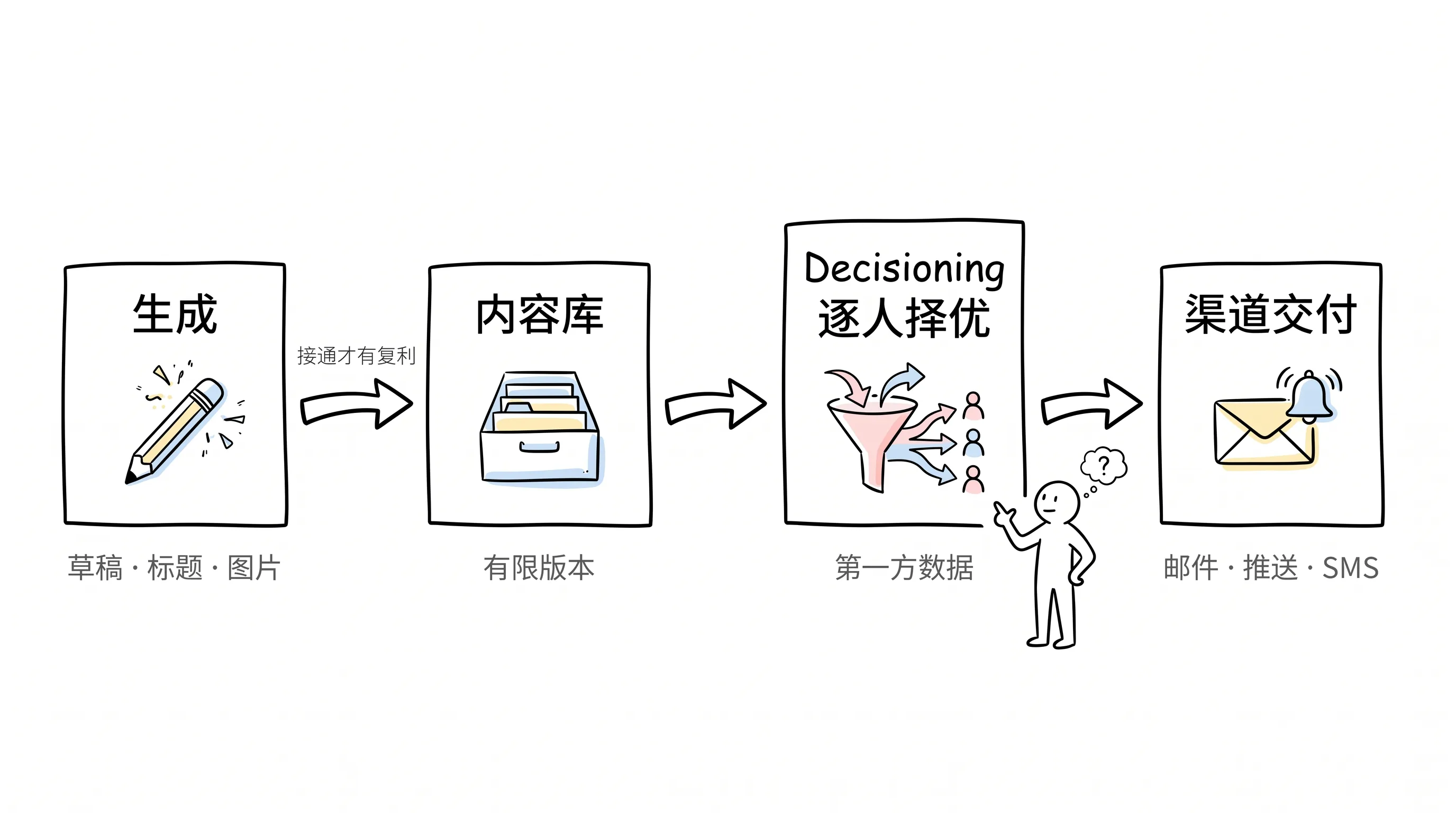 AI 内容营销两段式:生成造内容库,decisioning 逐人交付