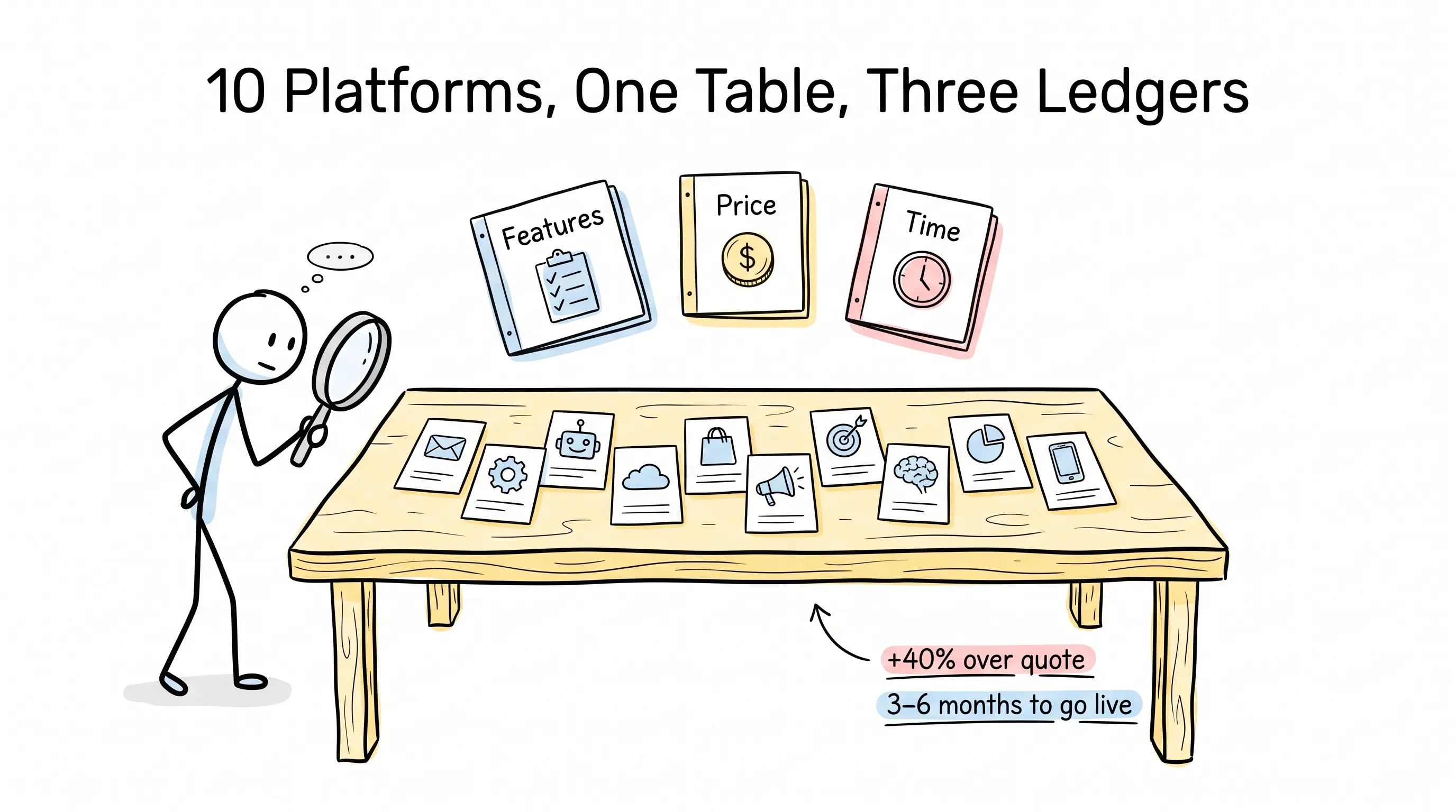 Ten platforms on one table, one stick figure with a magnifying glass running the three ledgers: features, price, and time