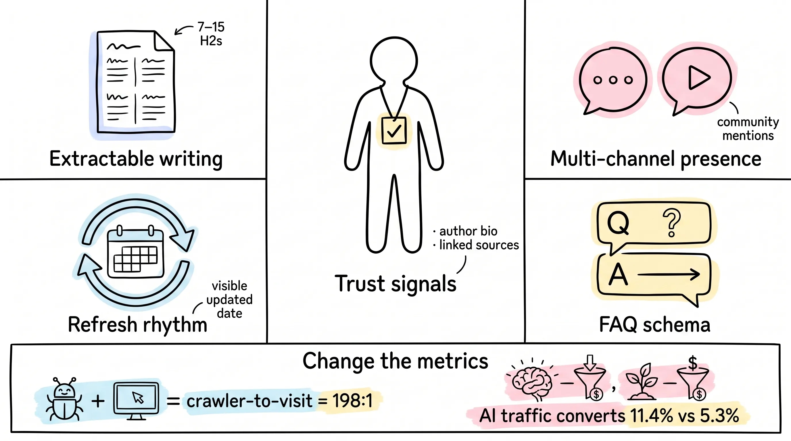 The five shared moves of highly cited brands, plus the metric reset: 198:1 and 11.4% vs 5.3%