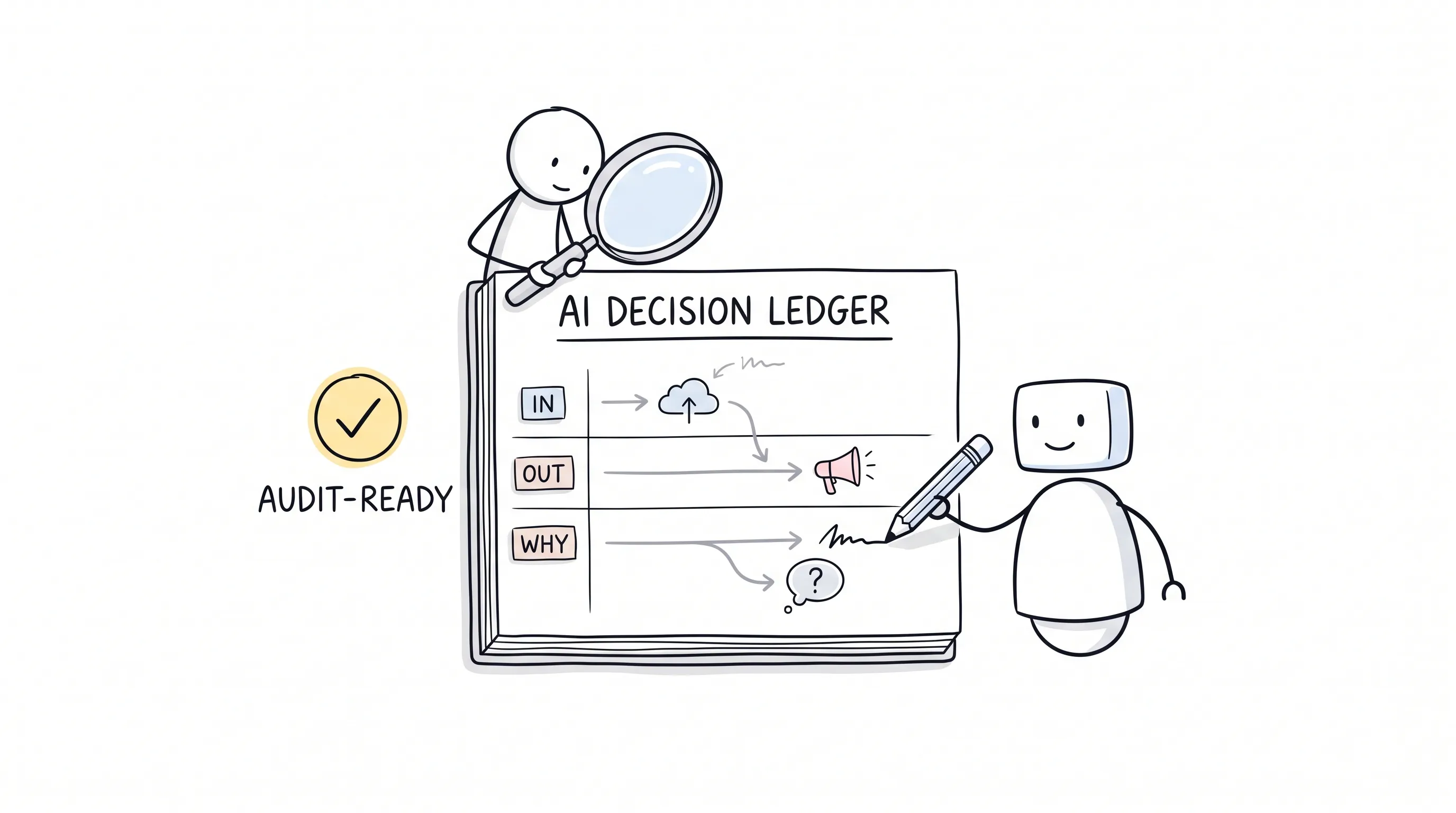 Hand-drawn doodle of a stick-figure auditor inspecting an open AI Decision Ledger with a magnifying glass while a friendly robot logs entries, tagged Audit-Ready