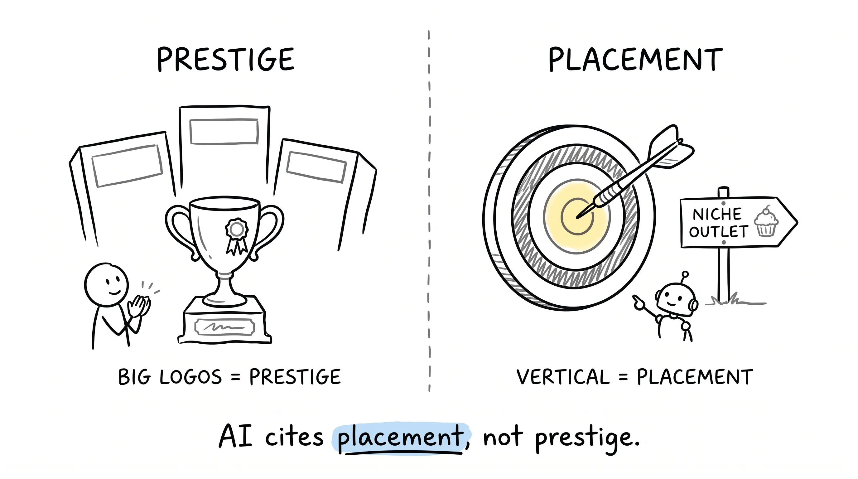 Prestige vs Placement: big logos earn applause, but AI cites the niche outlet that hits the bullseye