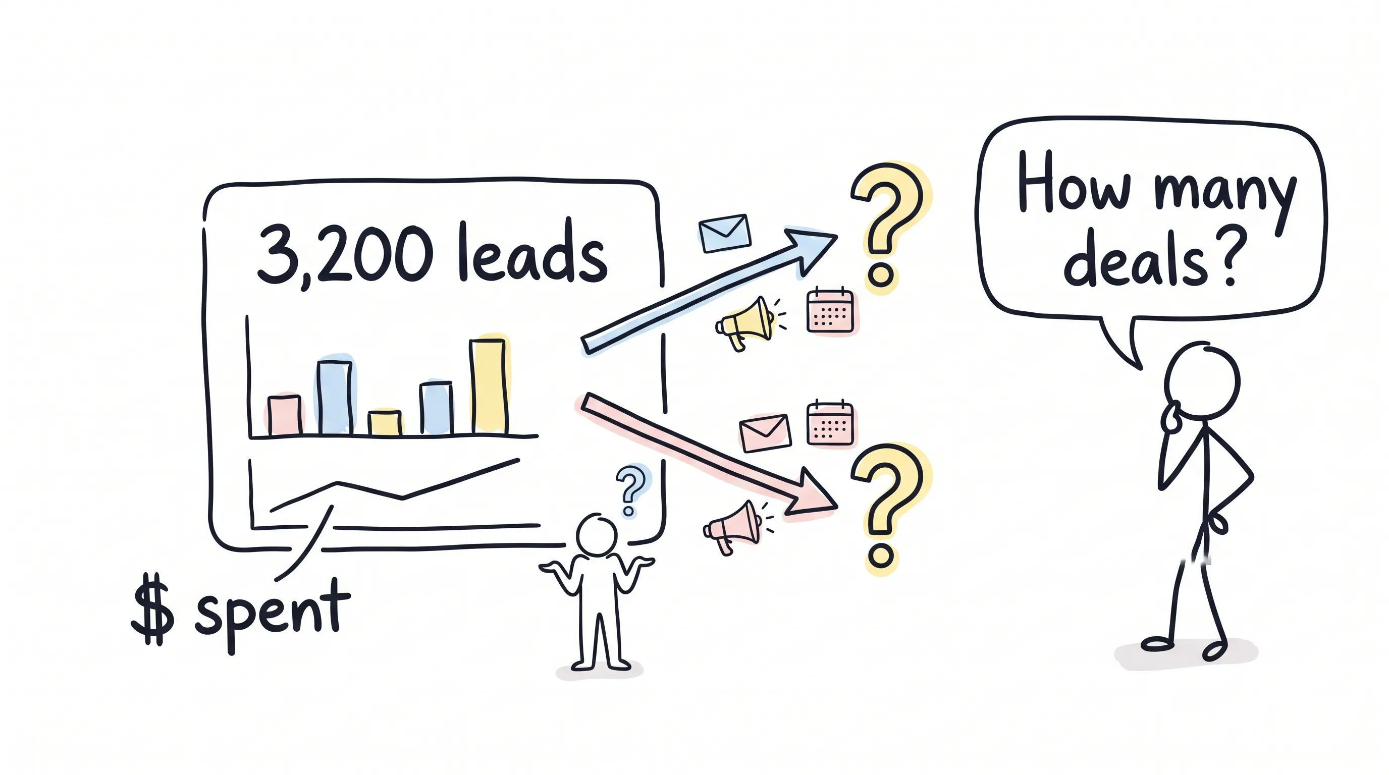 A dashboard shows 3,200 leads, but the arrows to each channel end in question marks while the boss asks how many deals closed