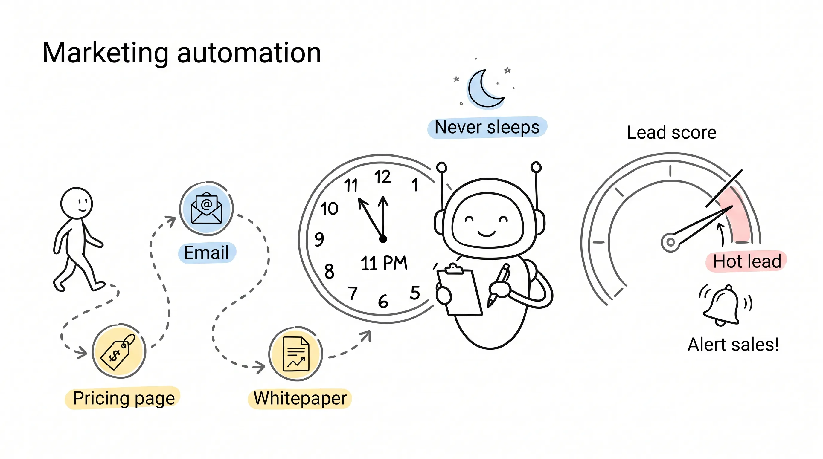 Marketing automation concept: a tireless assistant watches prospect behavior around the clock, scores leads, and alerts sales when a lead turns hot