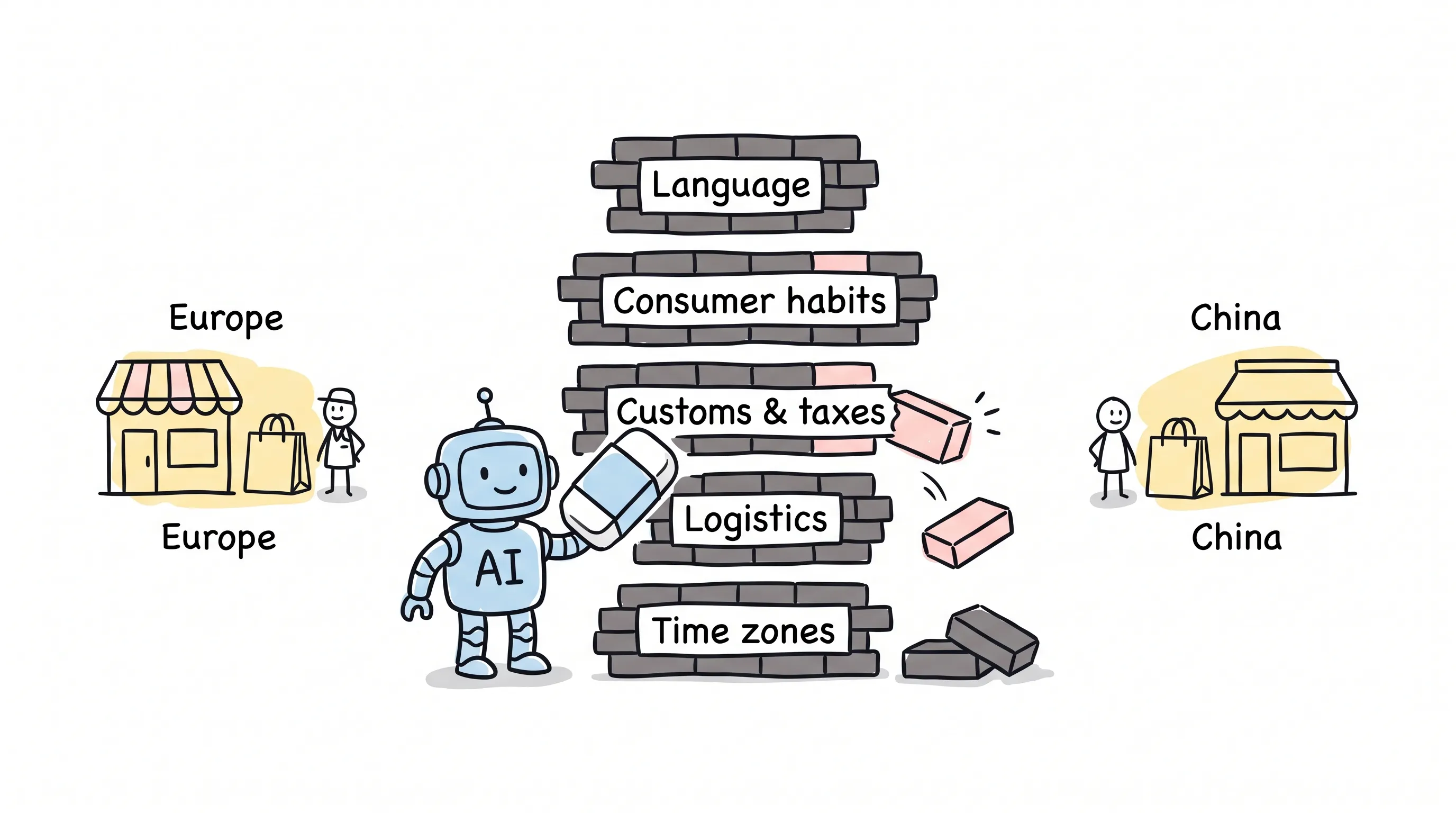 Cover doodle: an AI robot with an eraser pulling bricks out of the five walls — language, consumer habits, customs & taxes, logistics, time zones — between a European shop and a Chinese shopper