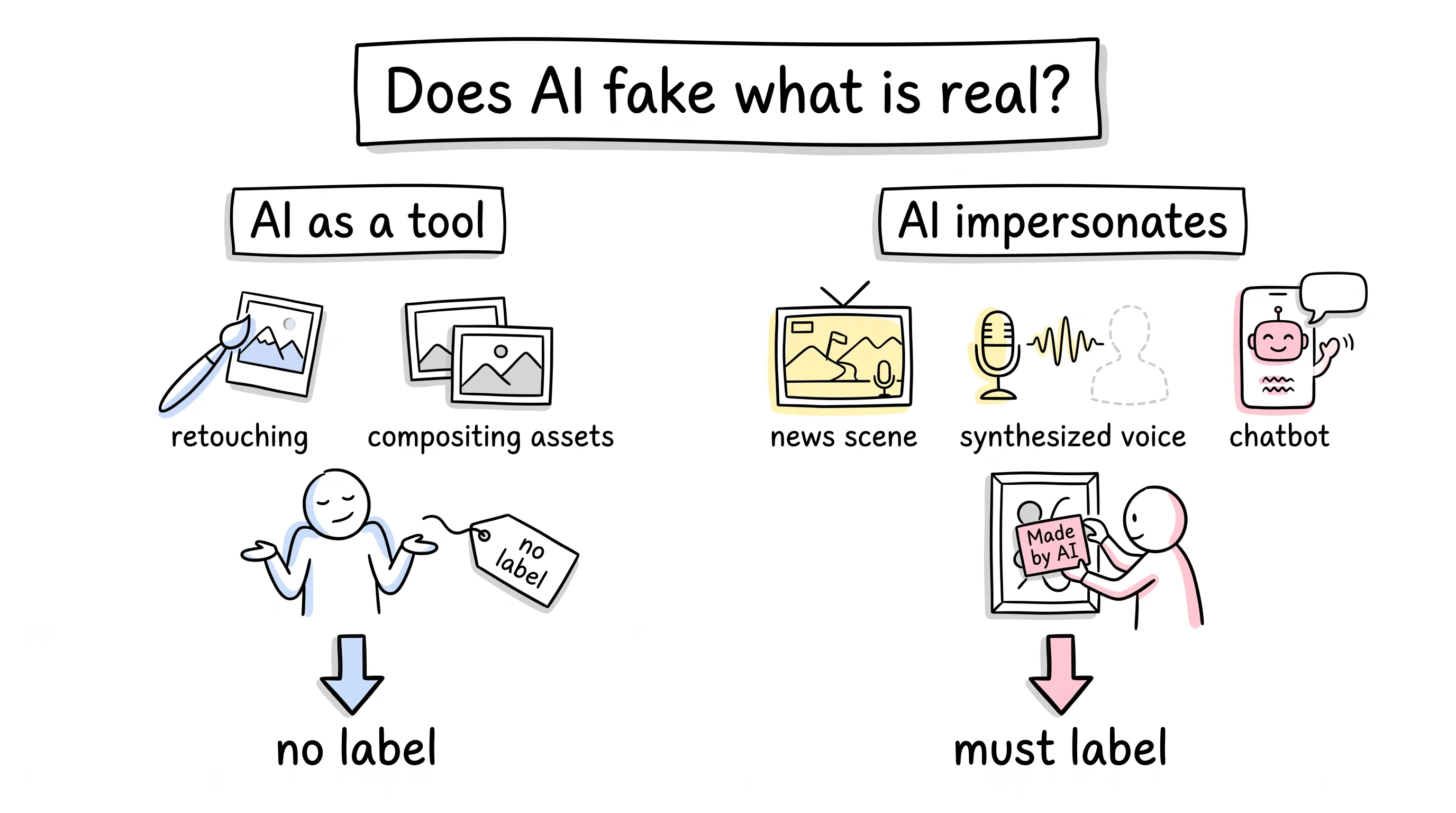 Hand-drawn decision doodle under the question "Does AI fake what is real?": on the left, retouching and compositing icons beside a shrugging figure tagged no label; on the right, a fake news scene, a synthesized voice and a chatbot while a stick figure presses a Made by AI badge onto the artwork — must label