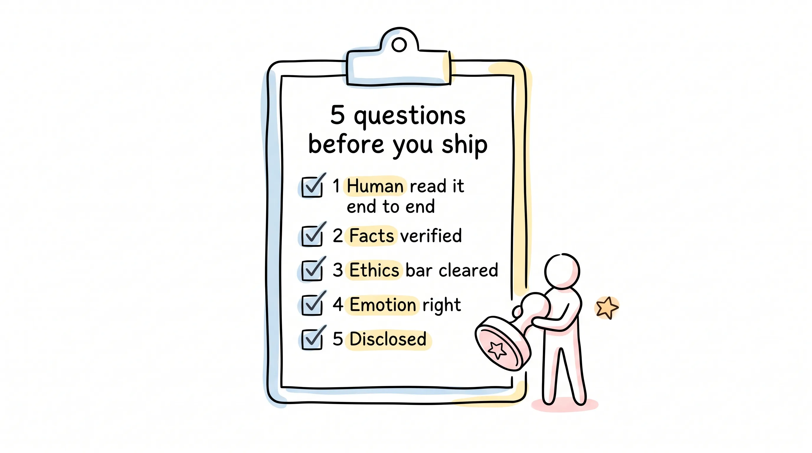 Five questions to clear before shipping AI content: human review end to end, verified facts, ethics bar, right emotion, disclosure