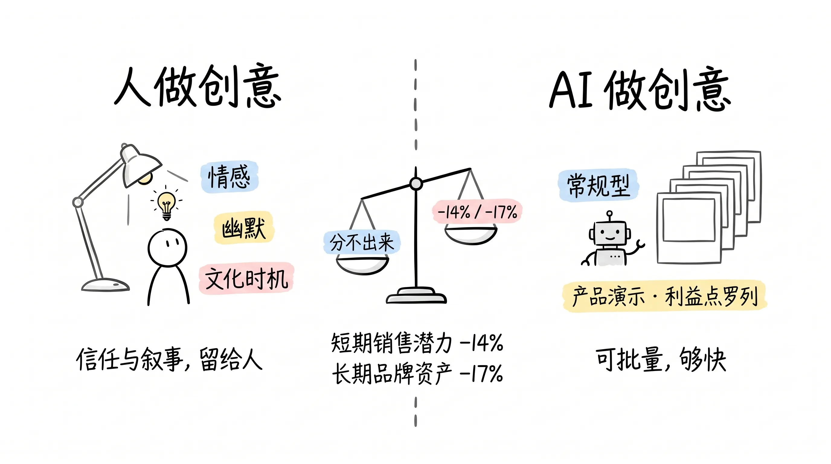 人做创意 vs AI 做创意:分不出来,但效能差 14%–17%