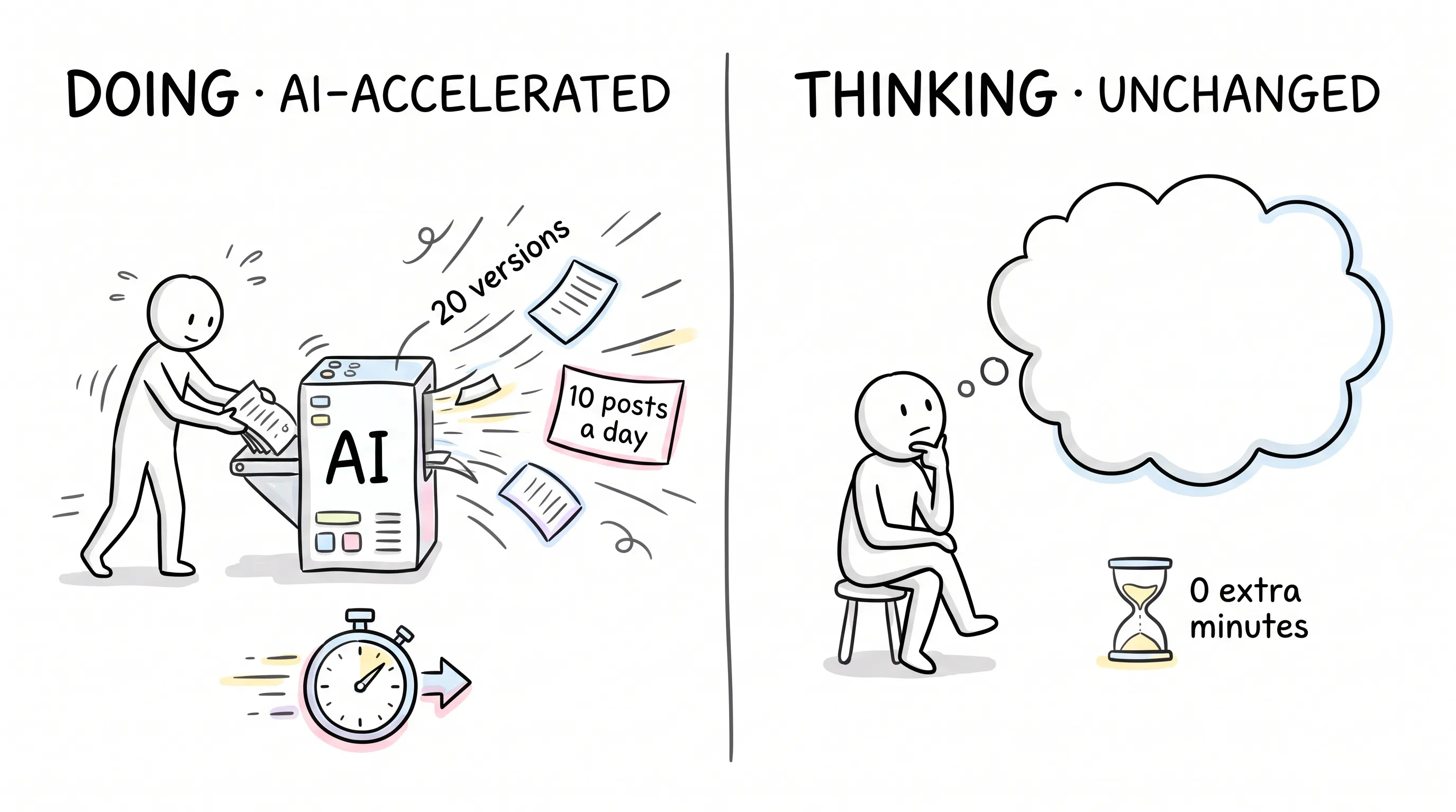 Faster Doing vs. Same Thinking — AI accelerates production while thinking gets zero extra minutes