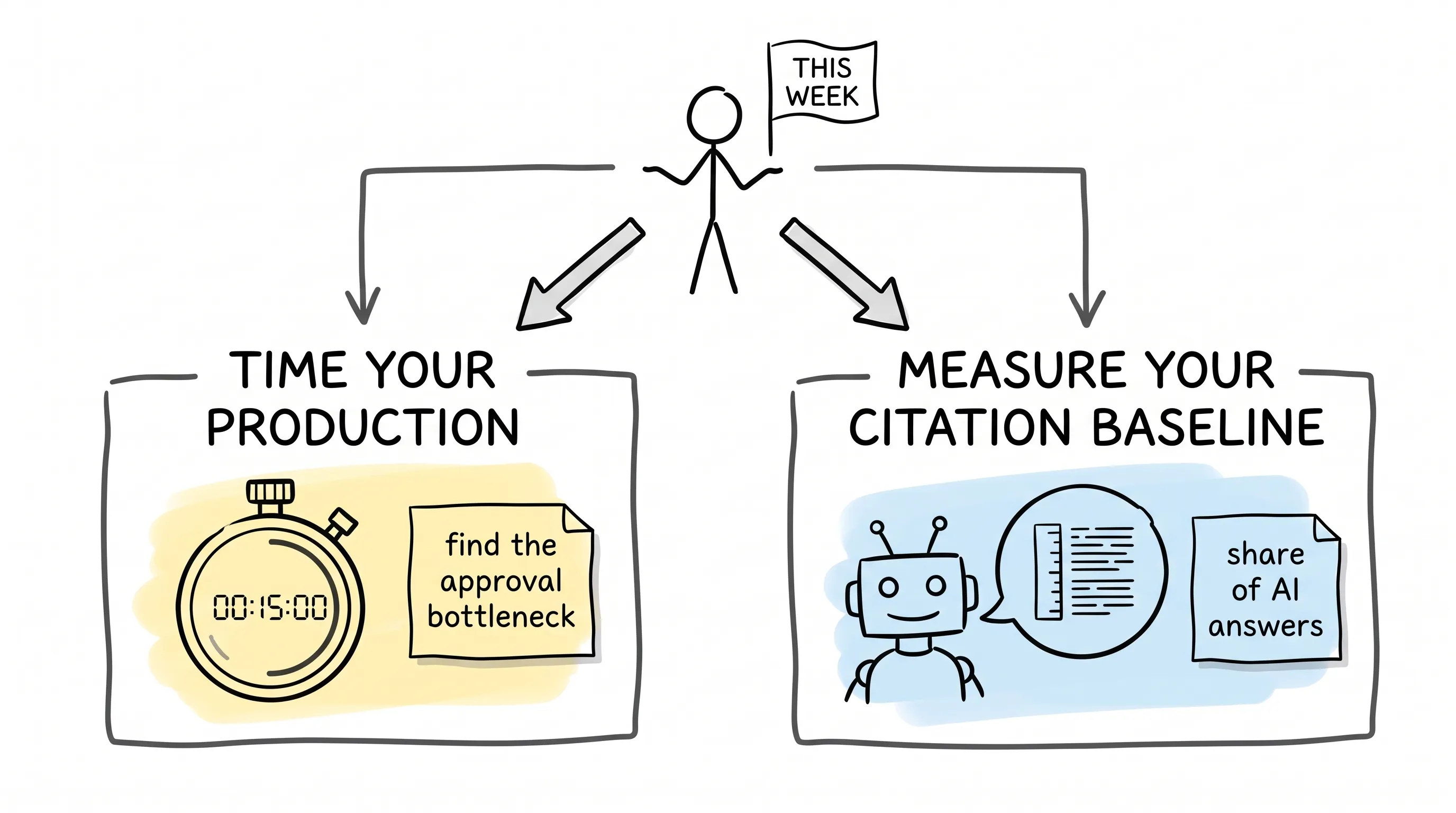Two things this week: time your production to find the approval bottleneck, and measure your citation baseline share of AI answers