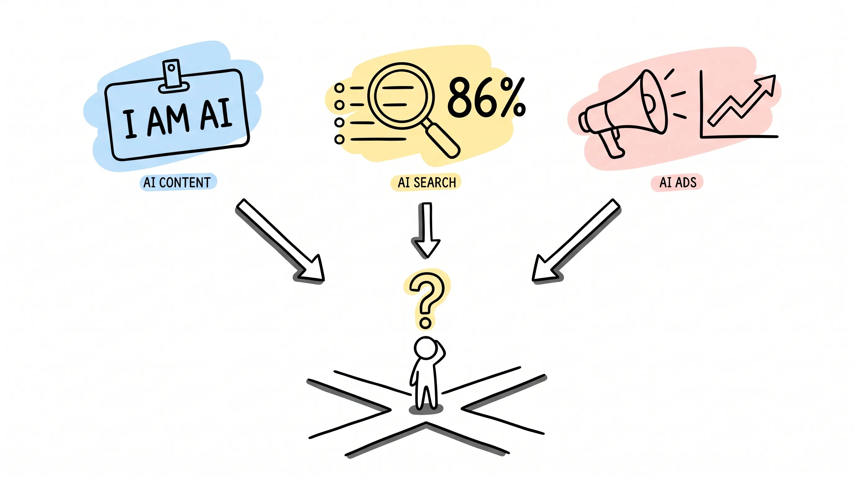 Three AI story doodles — an "I am AI" badge, a magnifying glass over an 86% citation drop, and an ads megaphone — converge on a stick figure asking what marketers should stand on