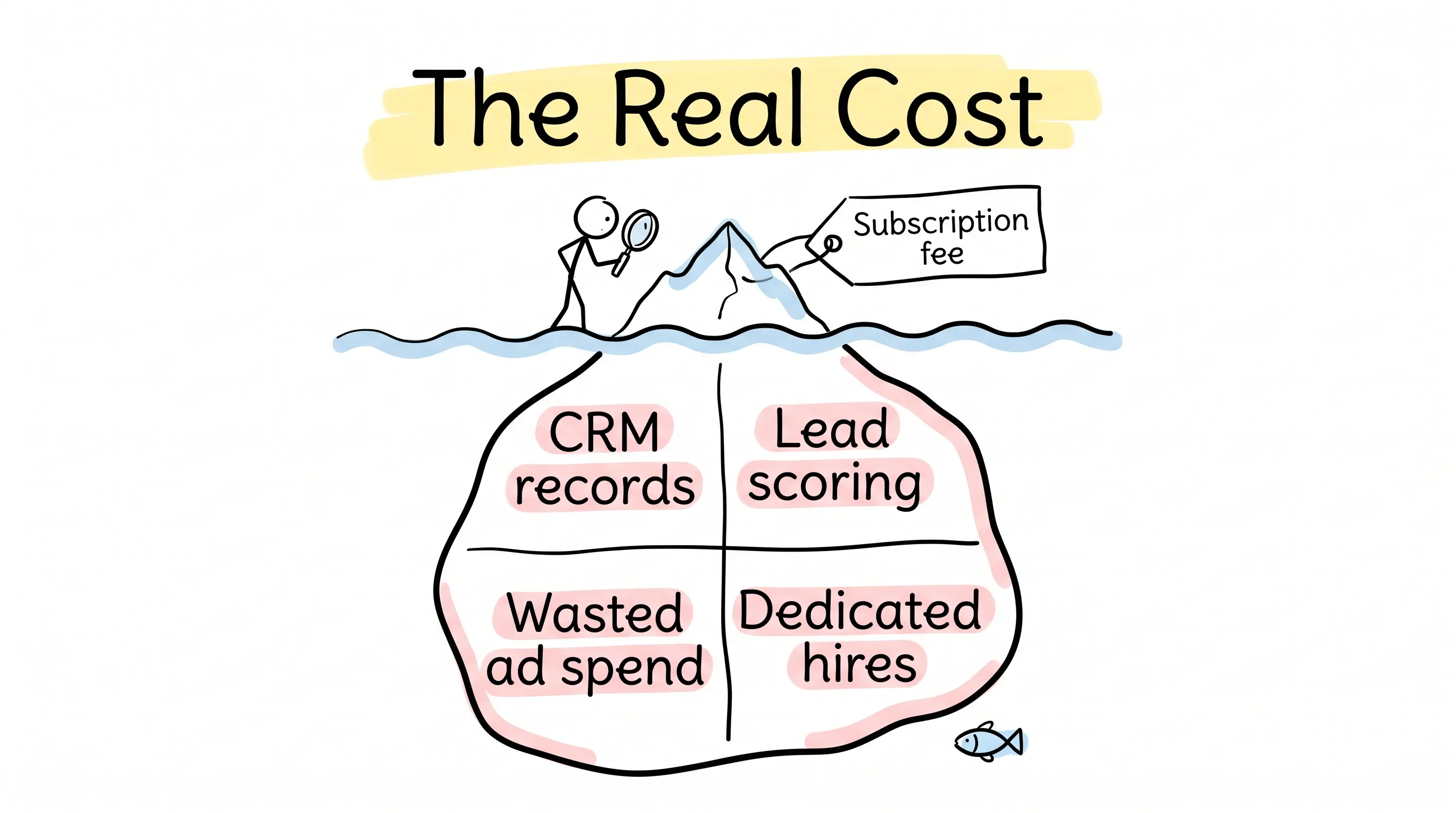 The real cost of a marketing automation platform: the visible subscription fee is only the tip above the waterline, while CRM records, lead scoring, wasted ad spend, and dedicated hires make up the much larger mass hidden below