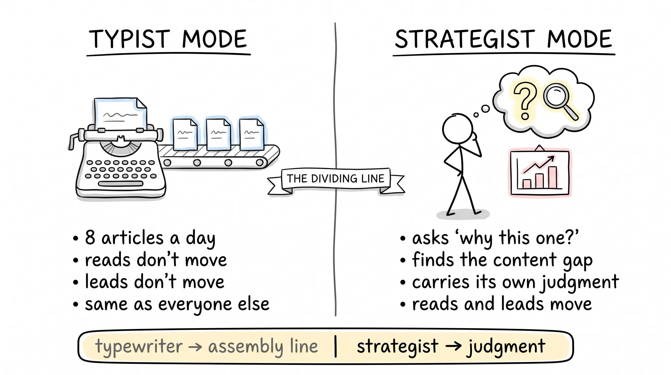 Hand-drawn comparison of typist mode, a typewriter on an assembly line producing eight identical articles a day while reads and leads don't move, versus strategist mode, a stick figure asking why this one and finding the content gap with its own judgment, split by the dividing line between typewriter to assembly line and strategist to judgment