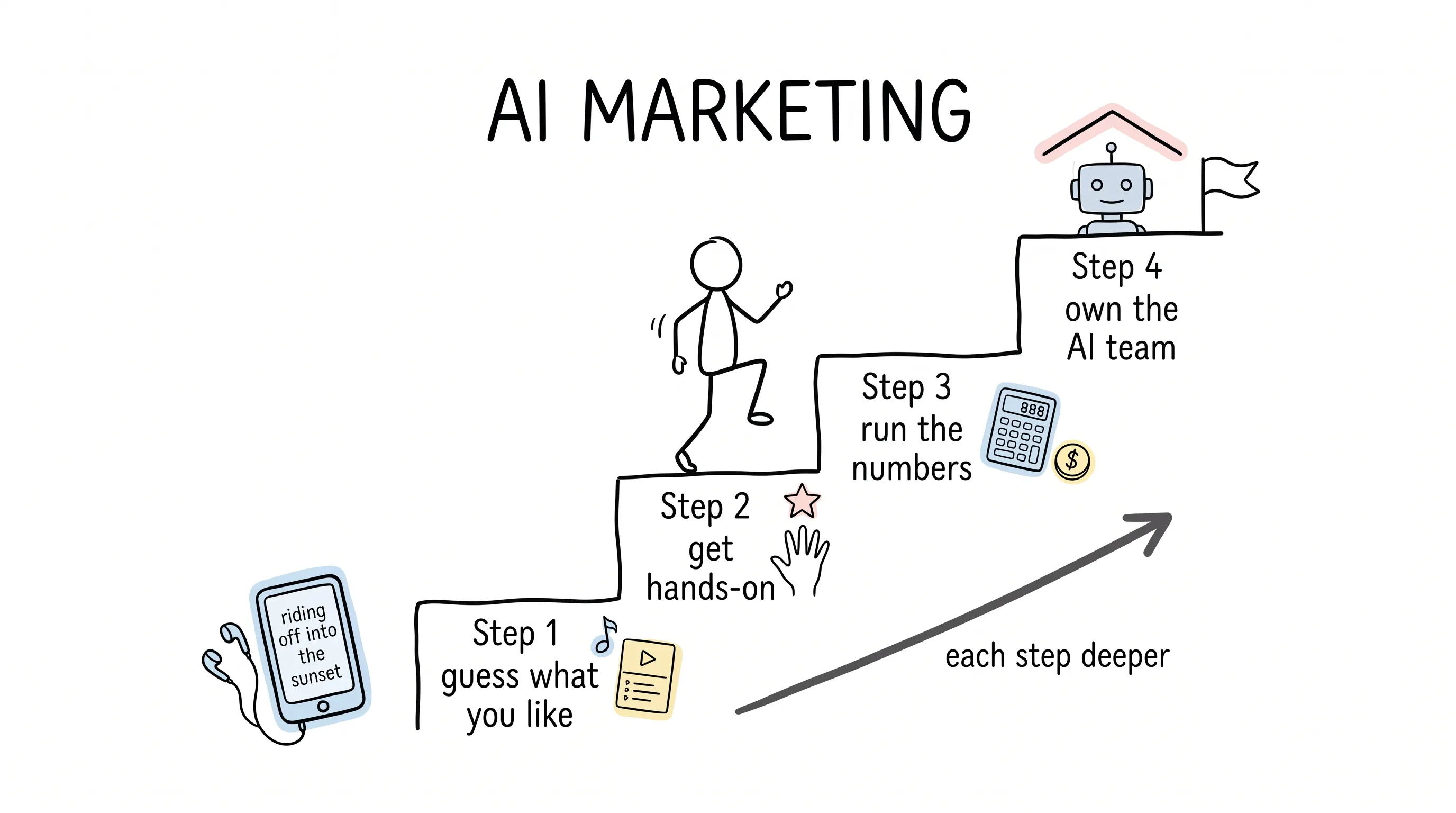A hand-drawn four-step staircase rising left to right — a stick figure climbs from "guess what you like" through "get hands-on" and "run the numbers" up to "own the AI team", with a phone showing the "riding off into the sunset" playlist at the base