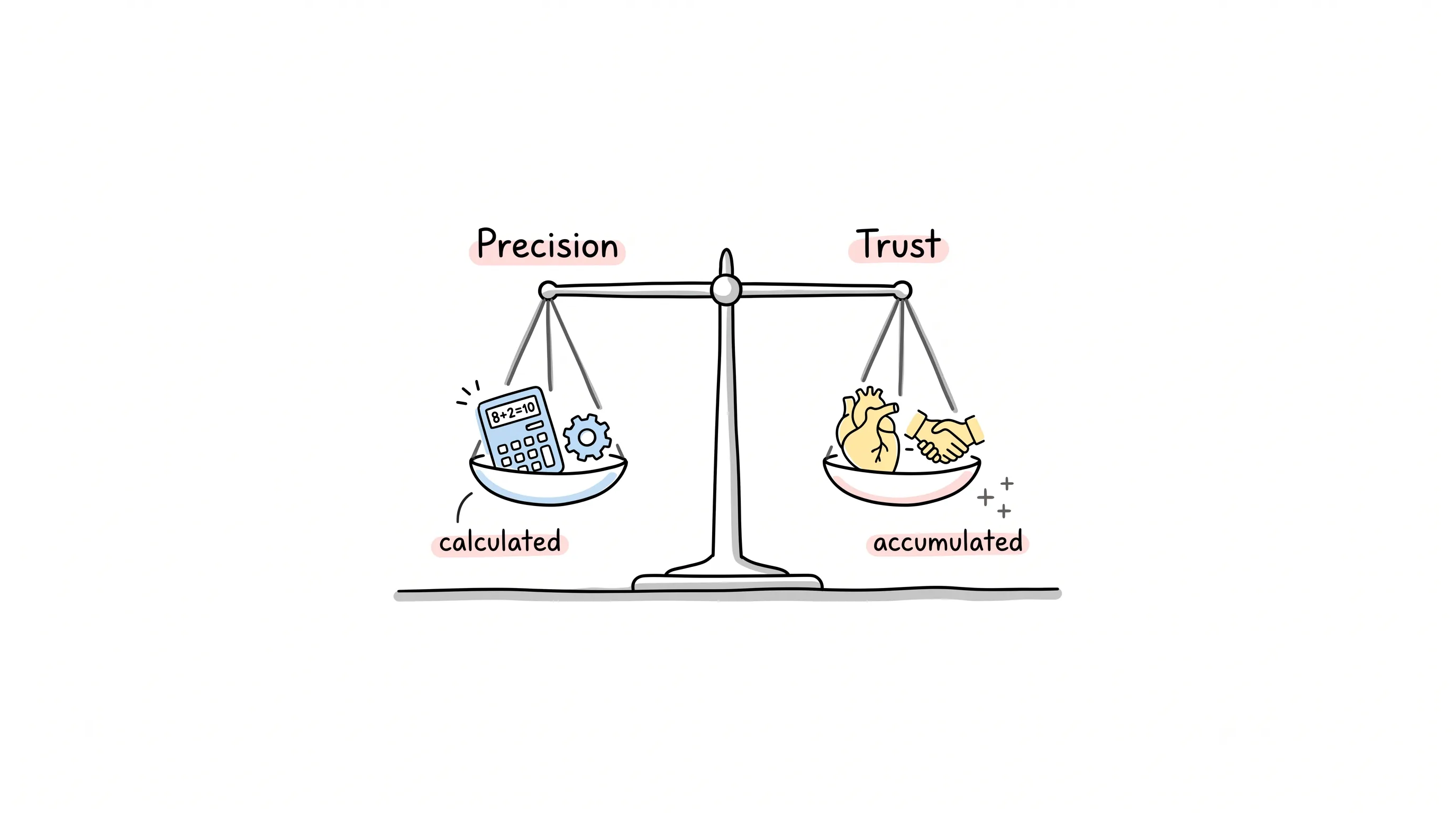 Hand-drawn illustration: a balance scale weighing Precision (a calculator and gear, "calculated") against Trust (a heart and handshake, "accumulated")