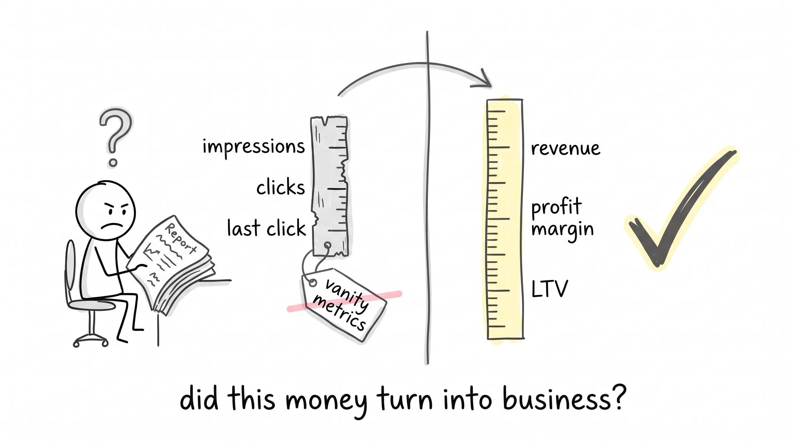 Two yardsticks compared: a worn-out old ruler measuring impressions, clicks and last click with a crossed-out vanity metrics tag, and a new ruler measuring revenue, profit margin and LTV — did this money turn into business?
