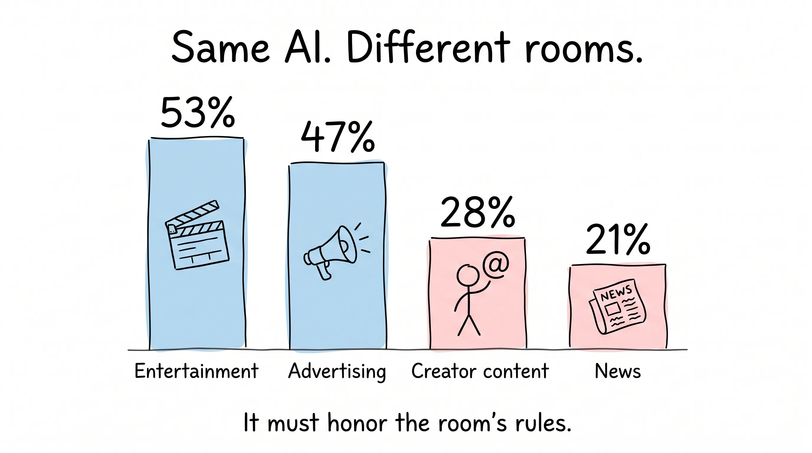 Same AI, different rooms: acceptance drops from entertainment 53% and advertising 47% to creator content 28% and news 21%