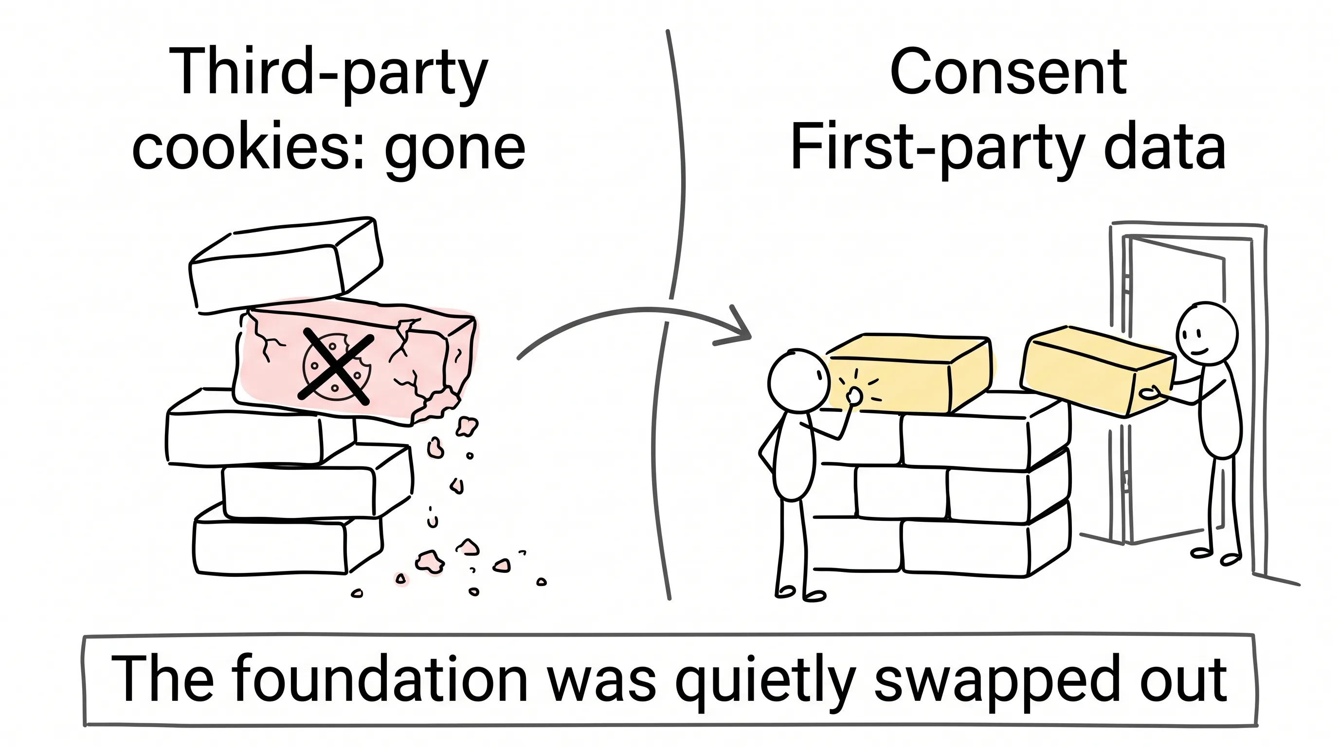 Hand-drawn comparison doodle: a crumbling brick stack with a crossed-out cookie labeled third-party cookies versus stick figures passing a consent brick onto a solid first-party data foundation