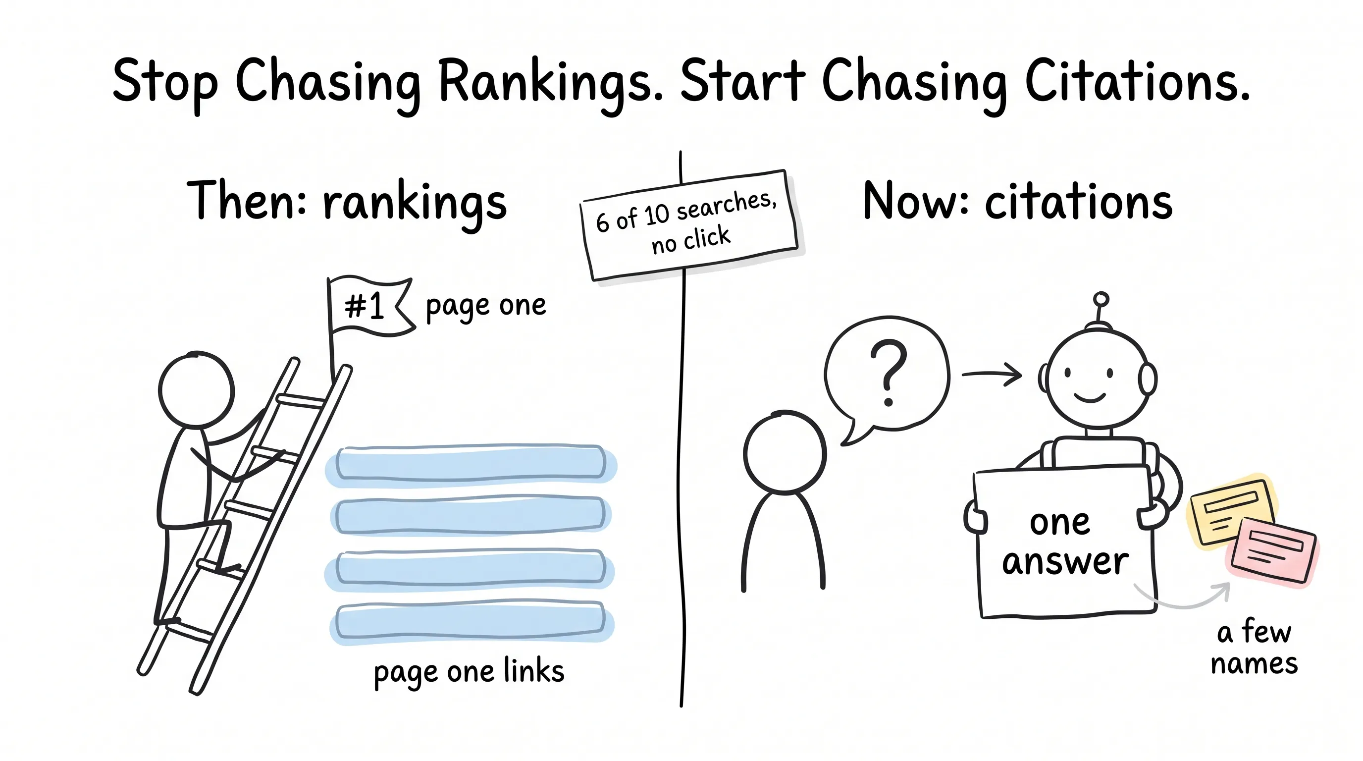 Stop Chasing Rankings. Start Chasing Citations. — then a stick figure climbs a ladder to #1 over a row of page-one links; now a stick figure asks AI and gets one answer with a few names attached