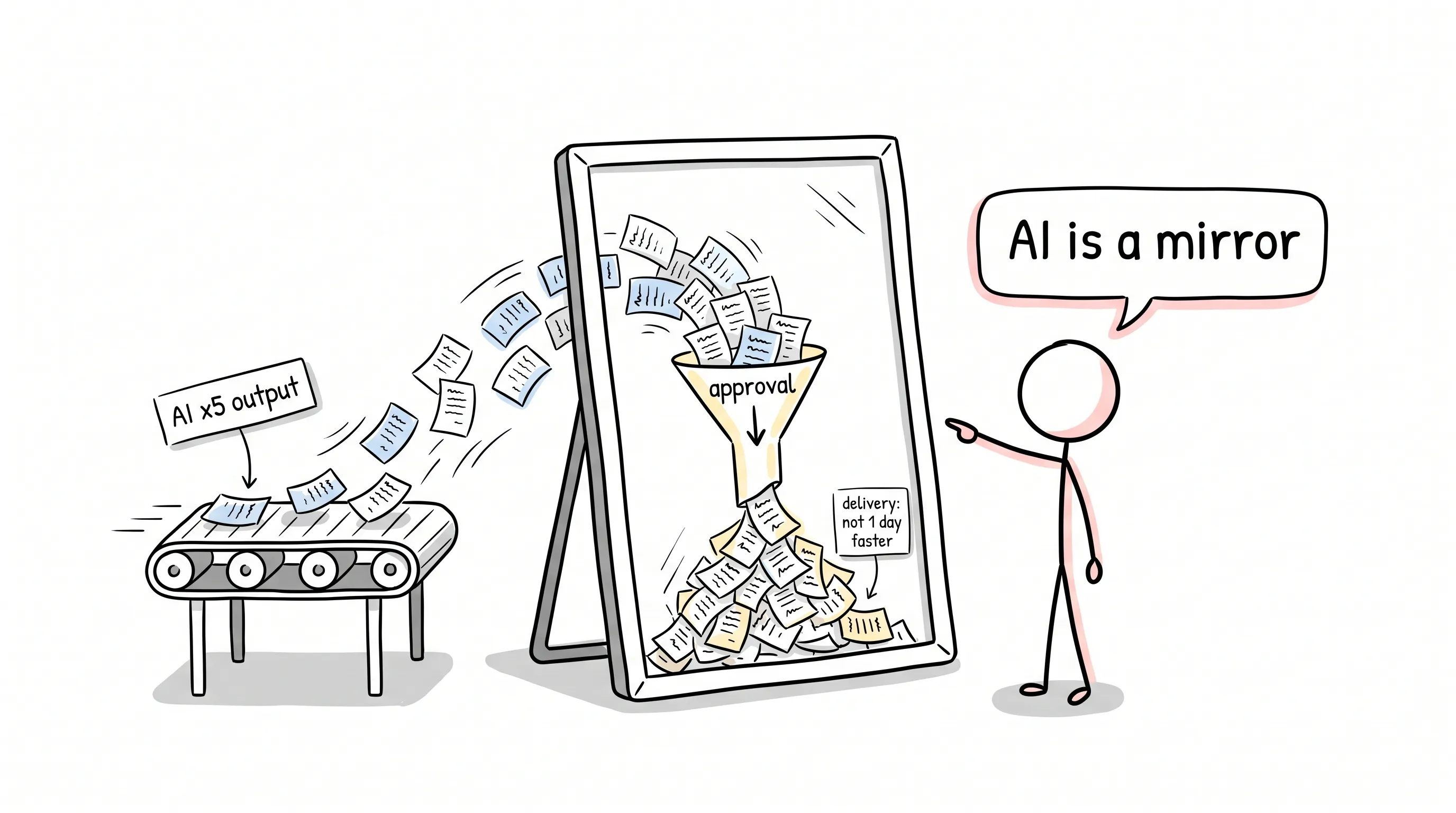 AI x5 output speeds toward a mirror whose reflection reveals papers jamming in an unchanged approval funnel — AI is a mirror