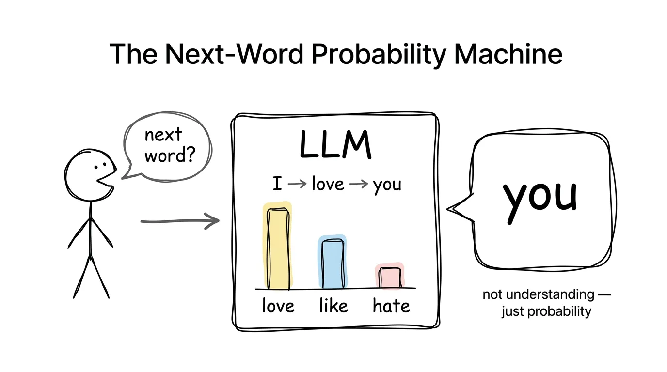 An LLM is a next-word probability machine: it doesn't understand, it just picks the most likely word
