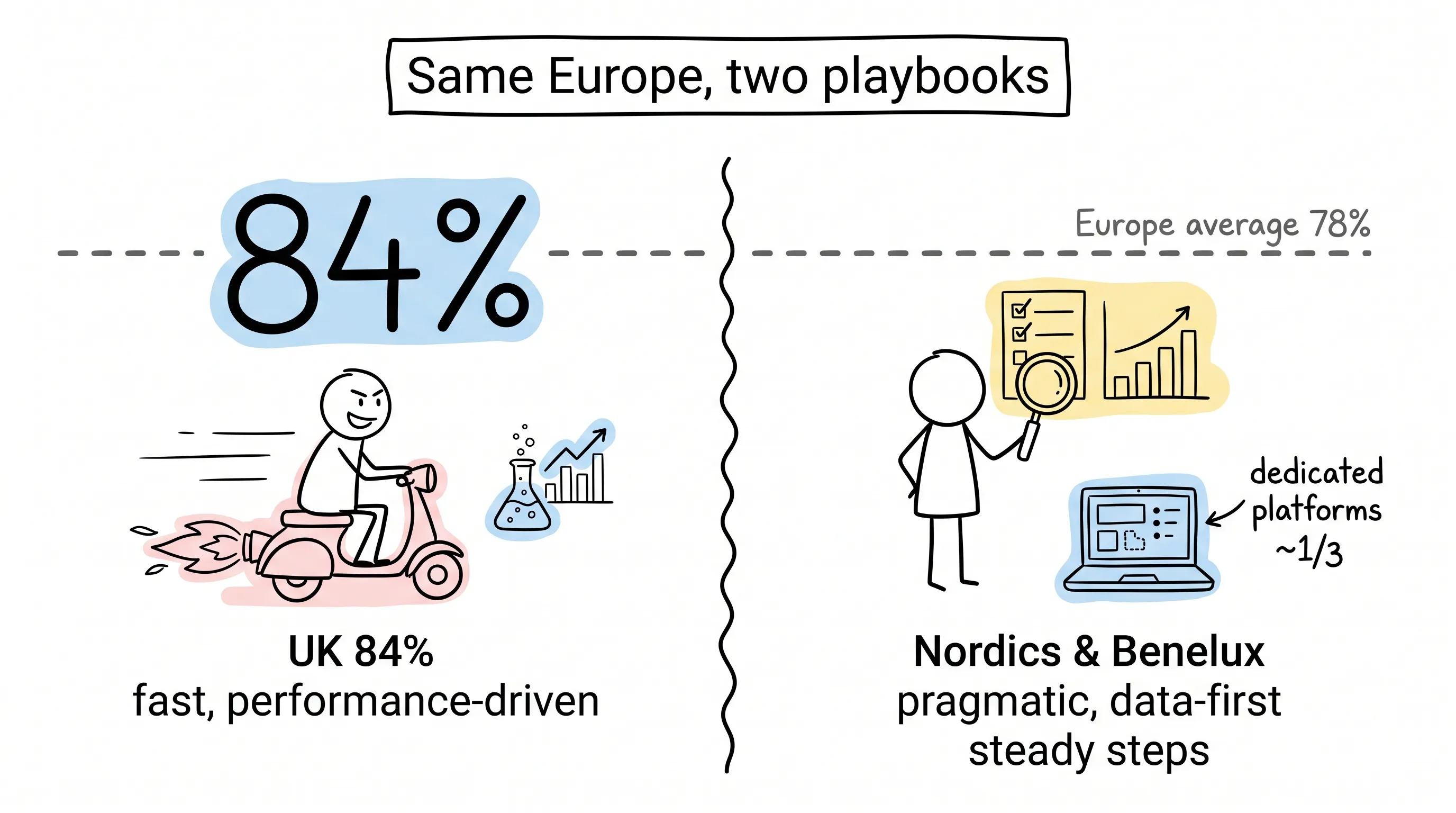 Same Europe, two playbooks: UK at 84% above the 78% European average, fast and performance-driven, while Nordics and Benelux stay pragmatic and data-first