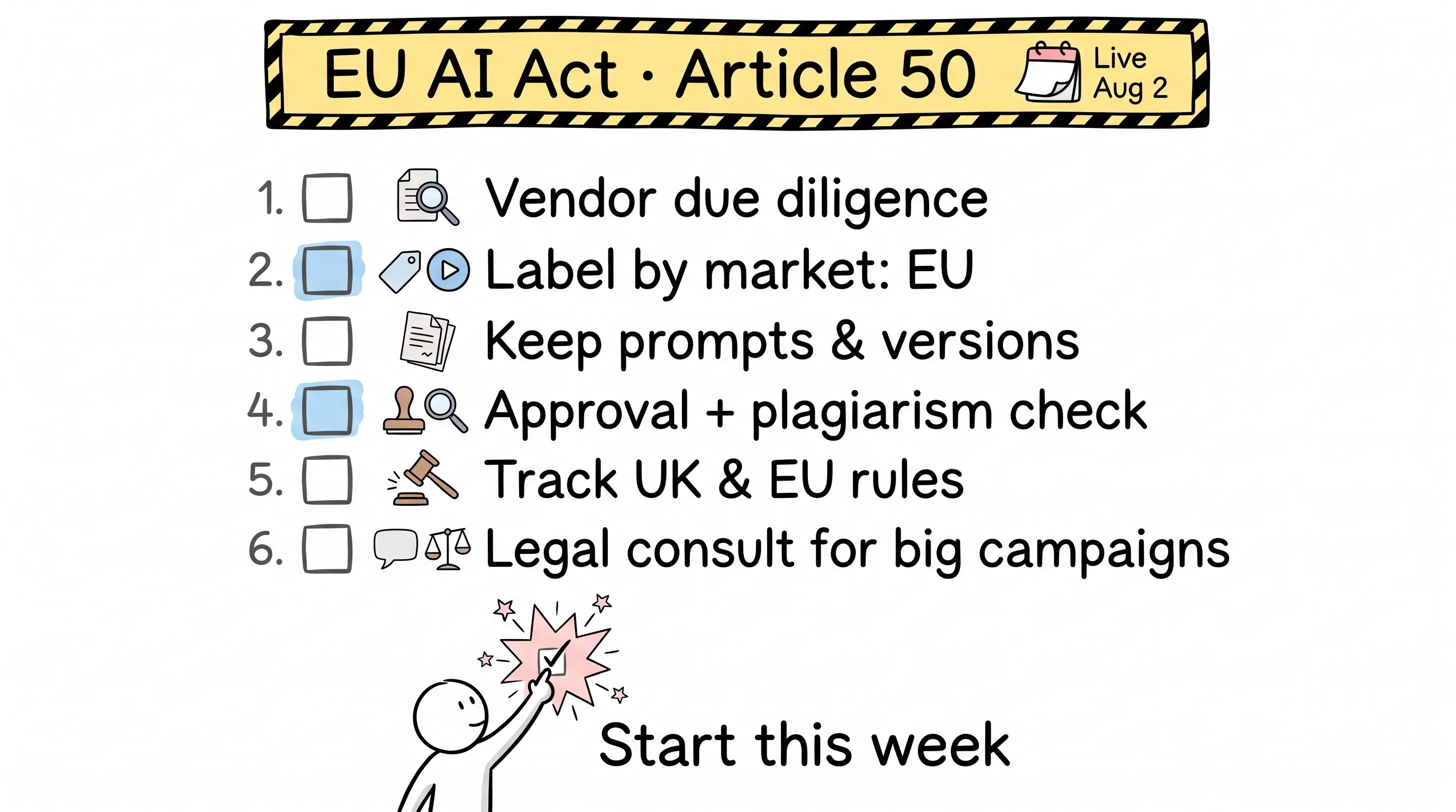 EU AI Act Article 50 six-item compliance checklist hand-drawn infographic