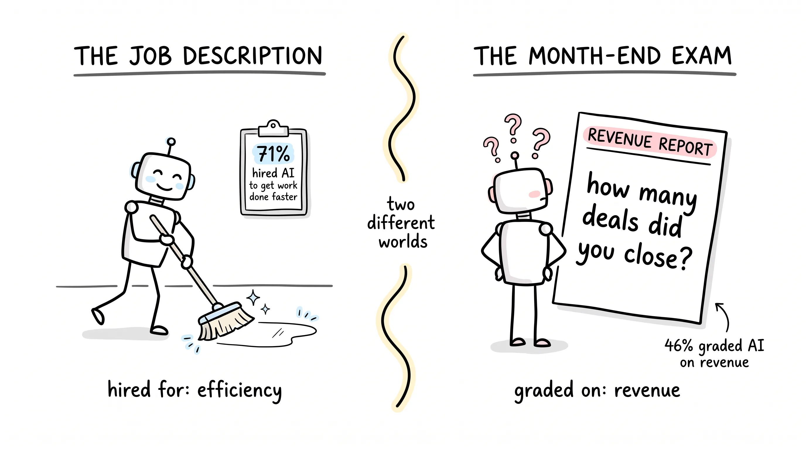 Two different worlds: AI hired for efficiency (71% use it to get work done faster) but graded on revenue (46%)