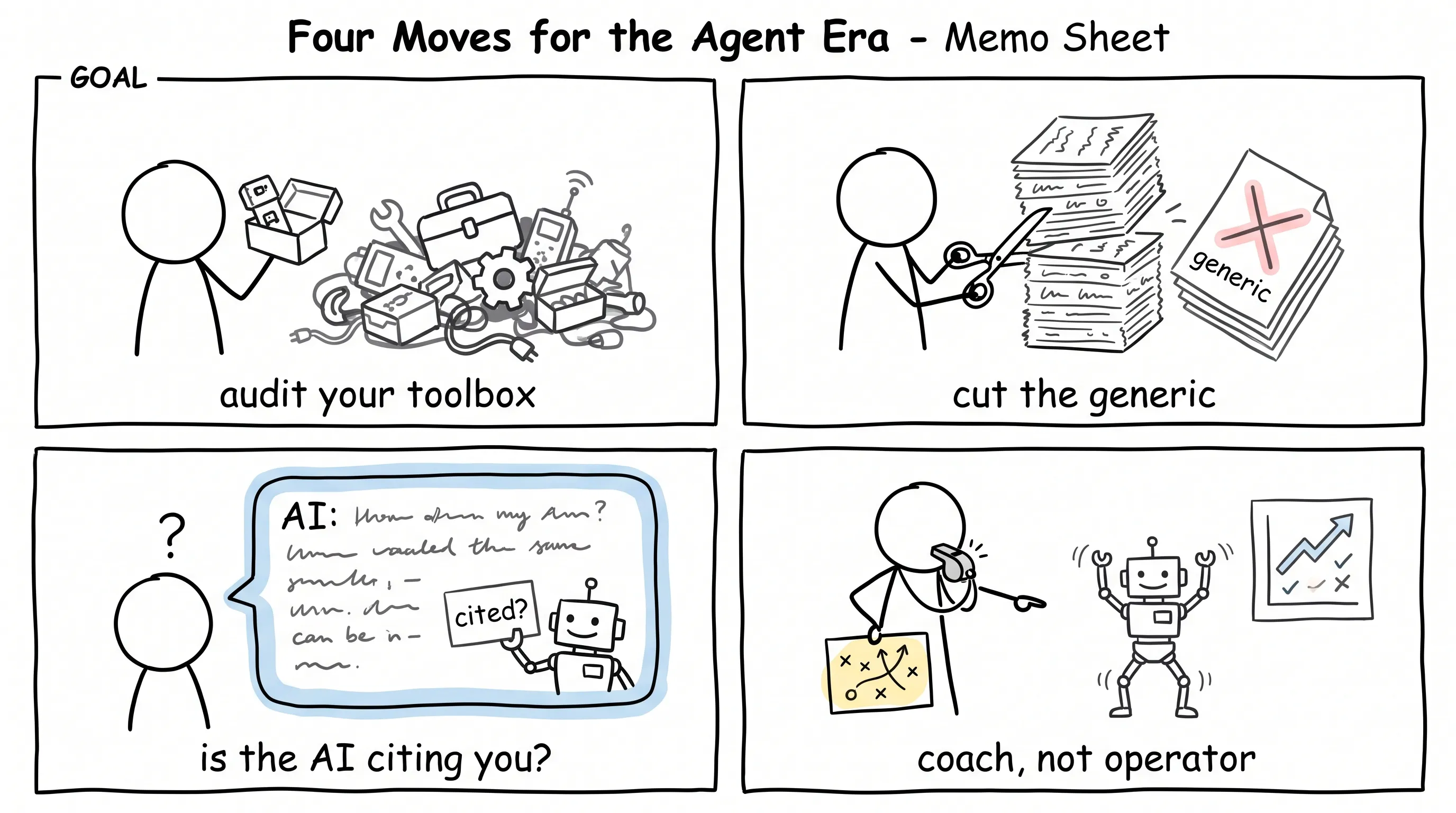 Four moves for the agent era: audit your toolbox, cut the generic, check whether the AI cites you, and coach agents instead of operating them