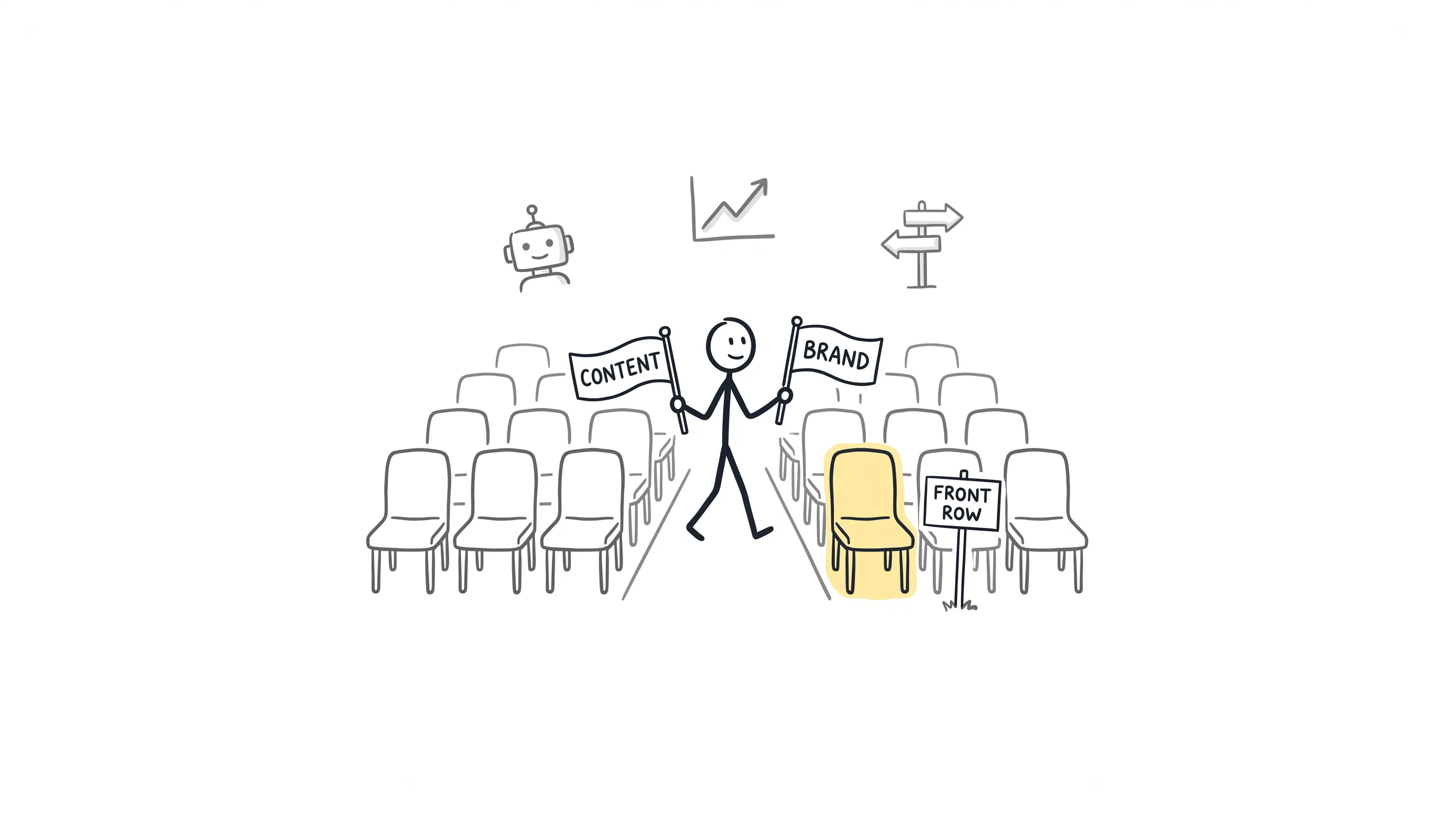 A stick figure carrying "Content" and "Brand" flags walks toward a pastel-highlighted front-row seat in a doodle auditorium