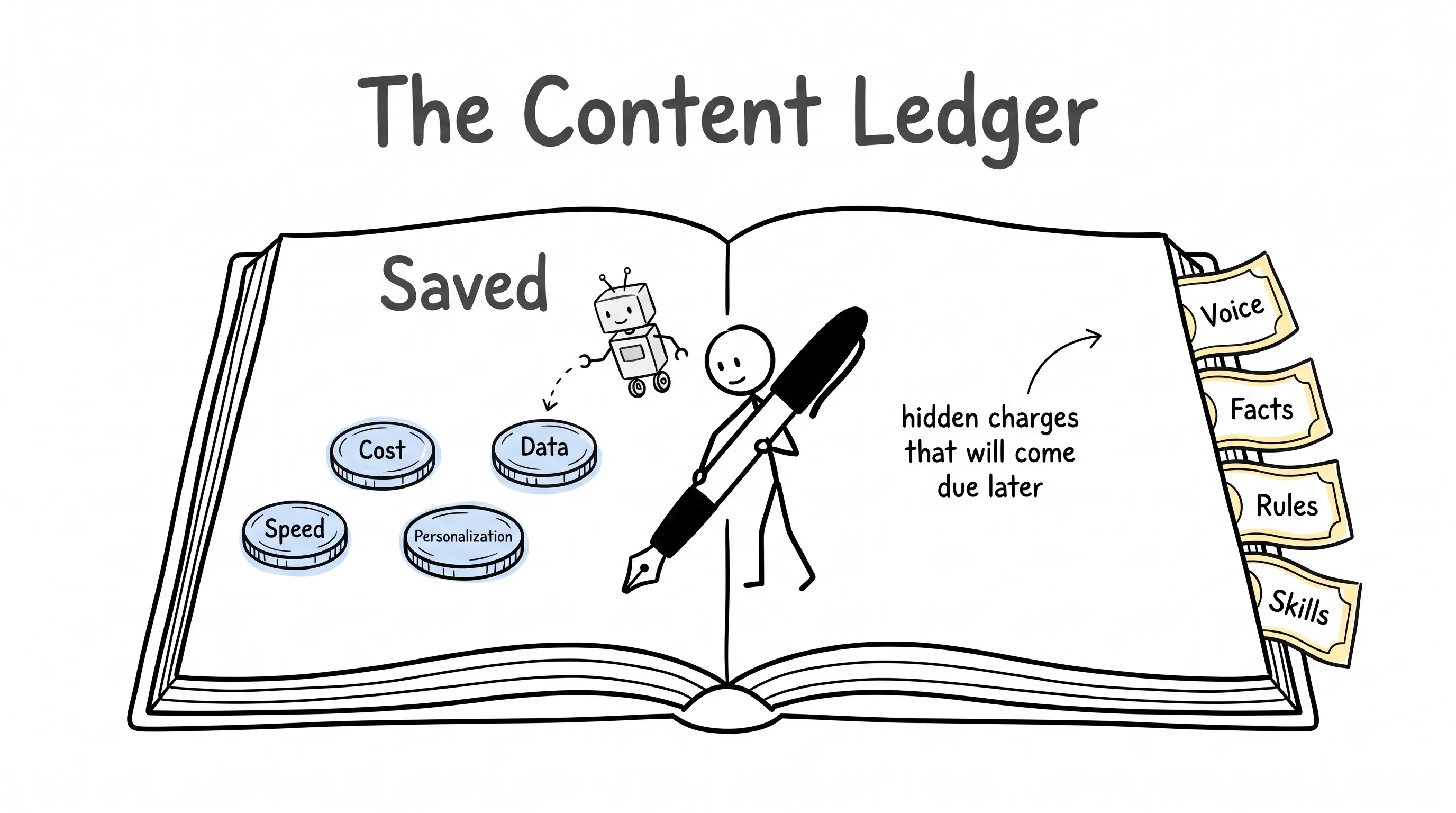 An open hand-drawn ledger titled The Content Ledger: coins labeled Speed, Cost, Personalization and Data on the Saved page, while bills labeled Voice, Facts, Rules and Skills wait as hidden charges coming due