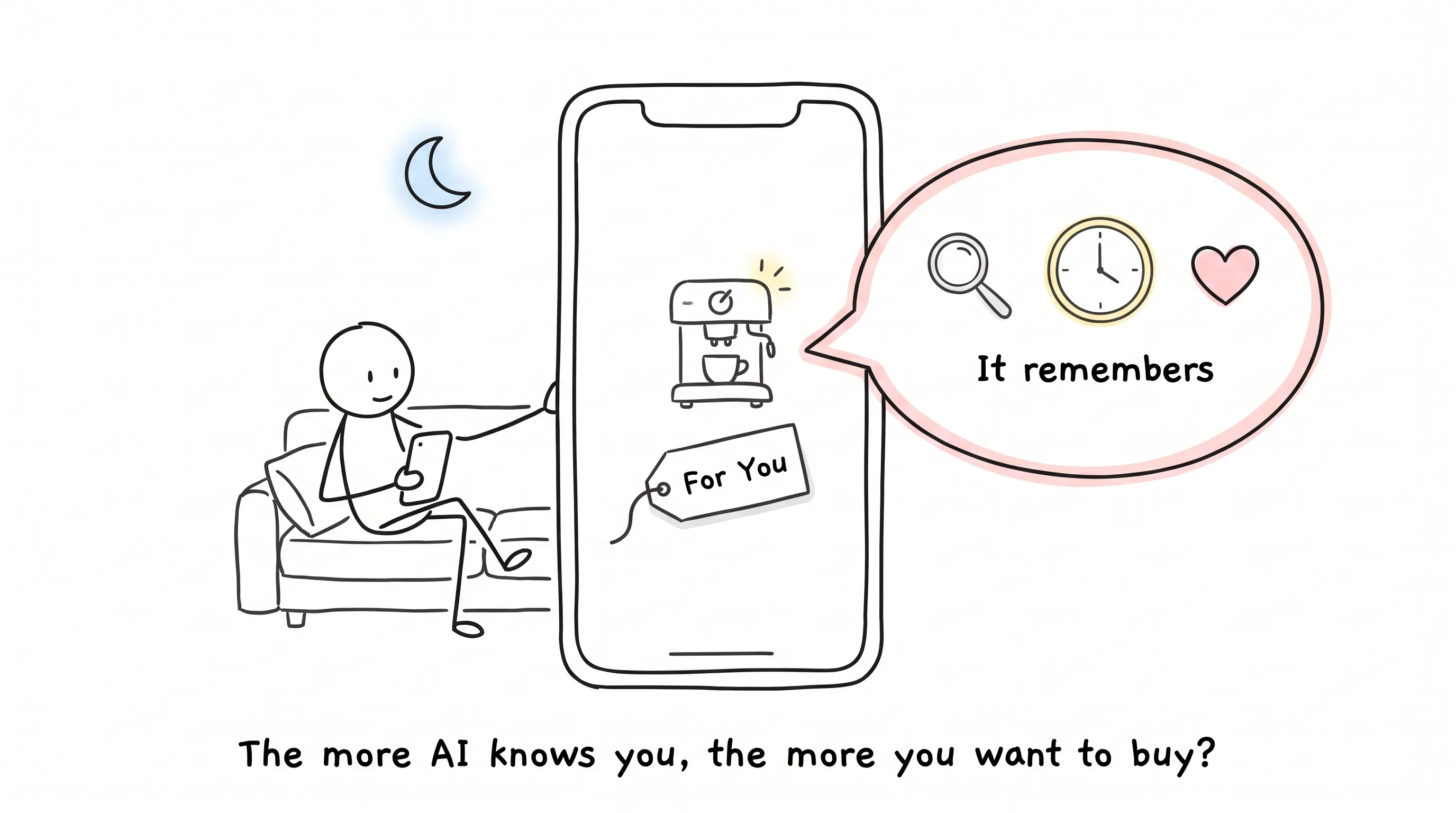 Hand-drawn illustration: a stick figure scrolling a shopping app at night while the phone remembers every browsing trace and recommends a coffee machine with a "For You" tag