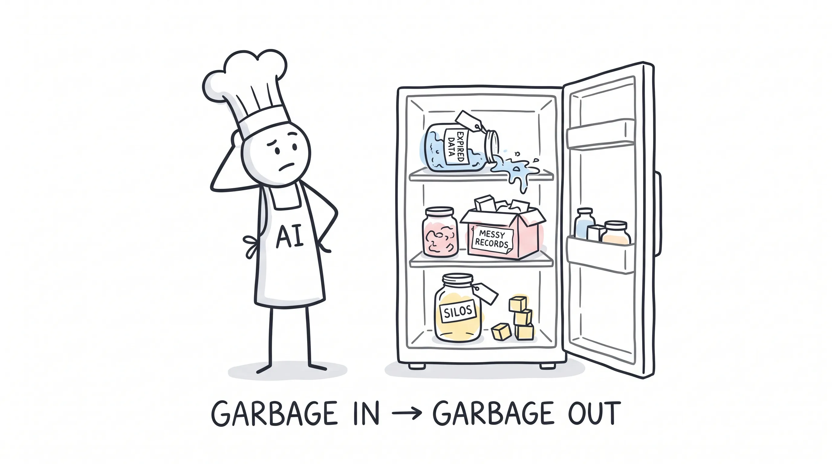 An AI chef facing a fridge full of expired and messy data — garbage in, garbage out