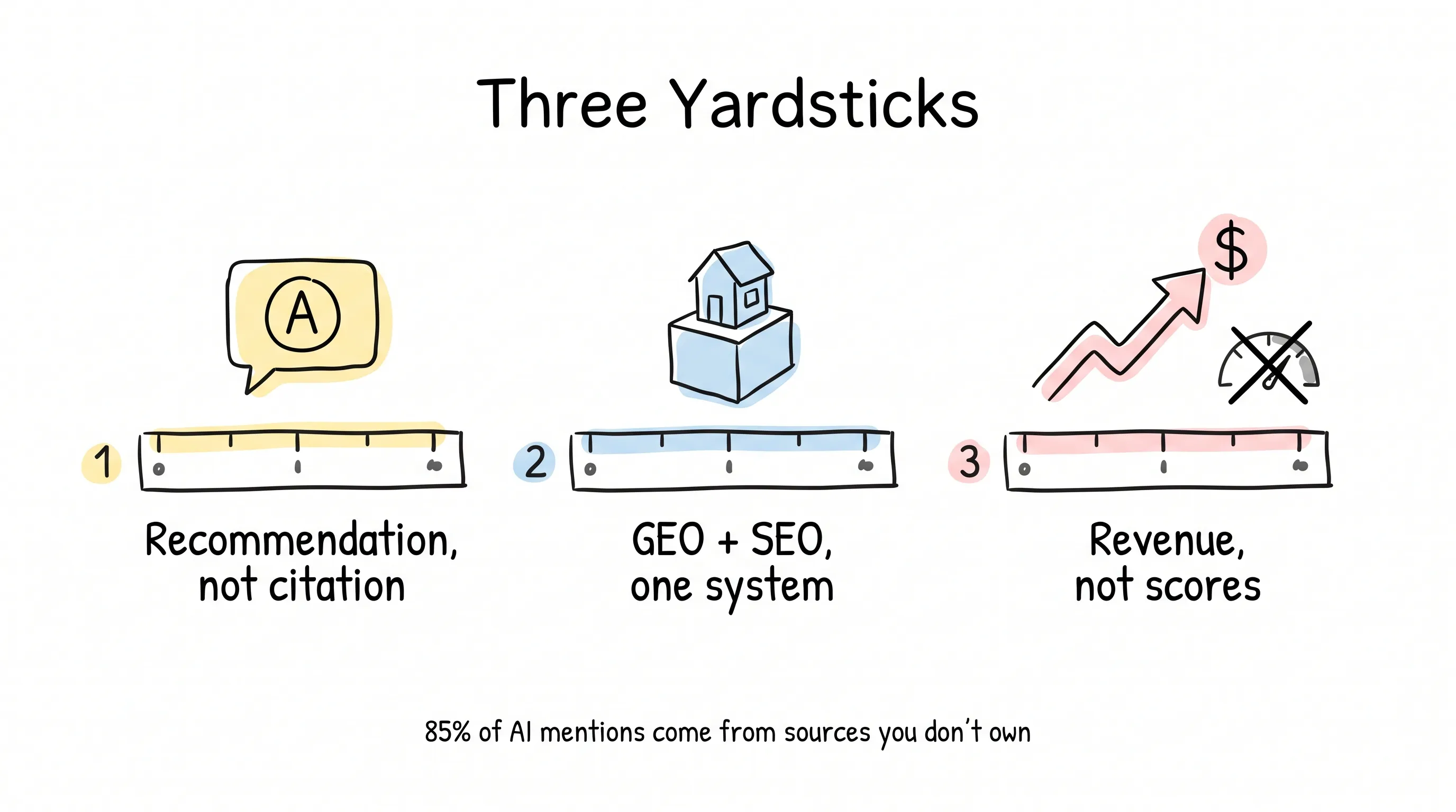 Hand-drawn framework of three yardsticks side by side: a speech bubble recommending the name A above a ruler labeled Recommendation, not citation; a small house on a block foundation above a ruler labeled GEO + SEO, one system; a rising arrow ending in a dollar sign beside a crossed-out gauge above a ruler labeled Revenue, not scores, with the note 85% of AI mentions come from sources you don't own