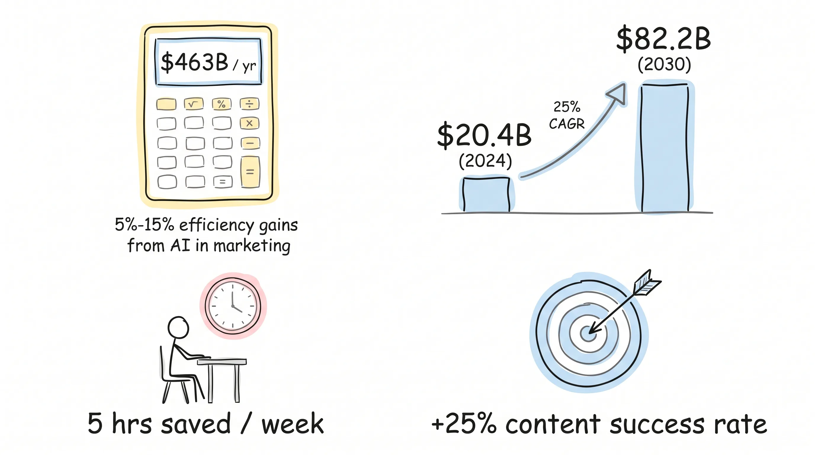 Hand-drawn infographic of AI marketing's big-picture numbers: $463B per year in efficiency gains, market growth from $20.4B in 2024 to $82.2B in 2030 at 25% CAGR, 5 hours saved per week, and a 25% higher content success rate